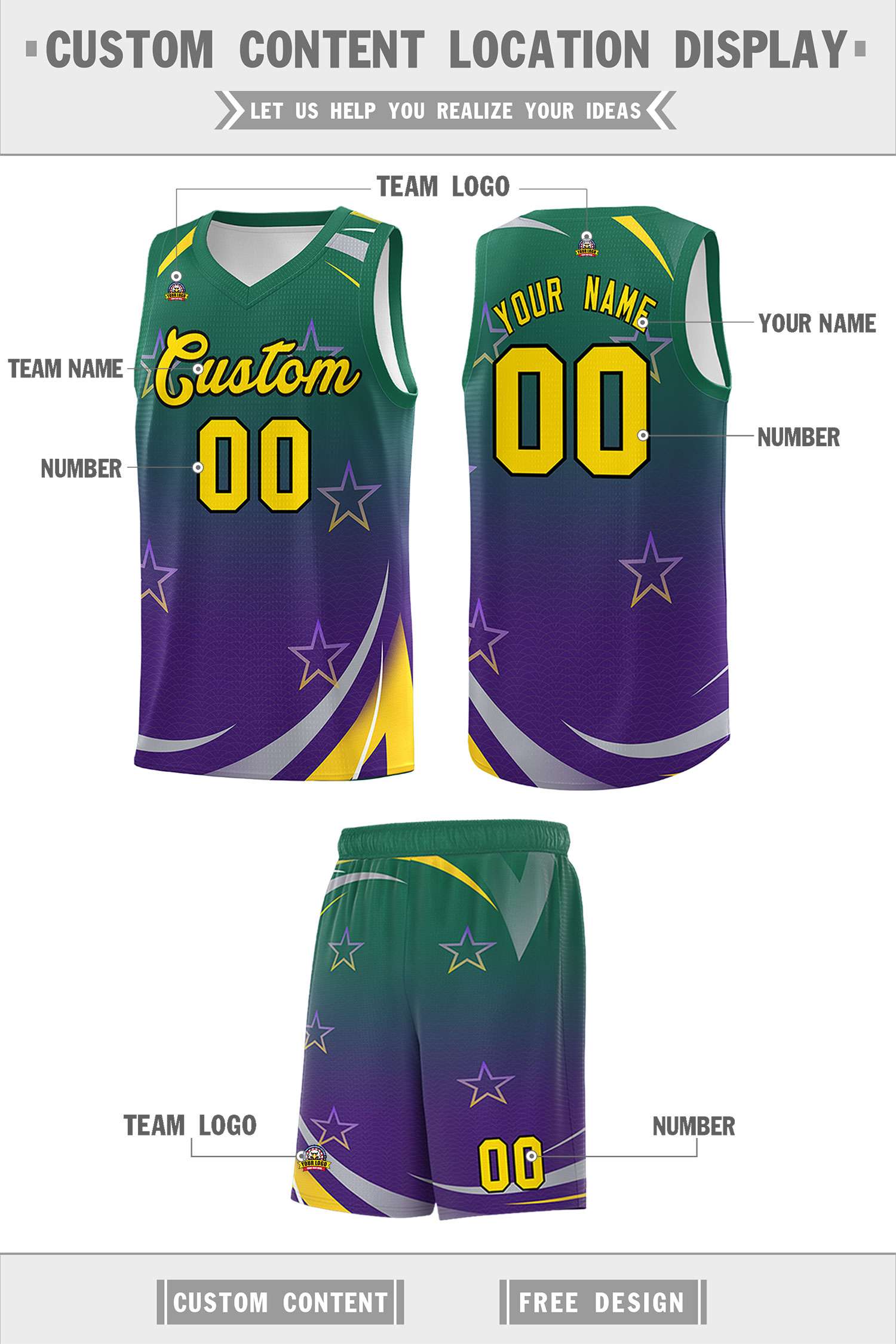 Custom Kelly Green Purple Gradient Star Graffiti Pattern Sports Uniform Basketball Jersey