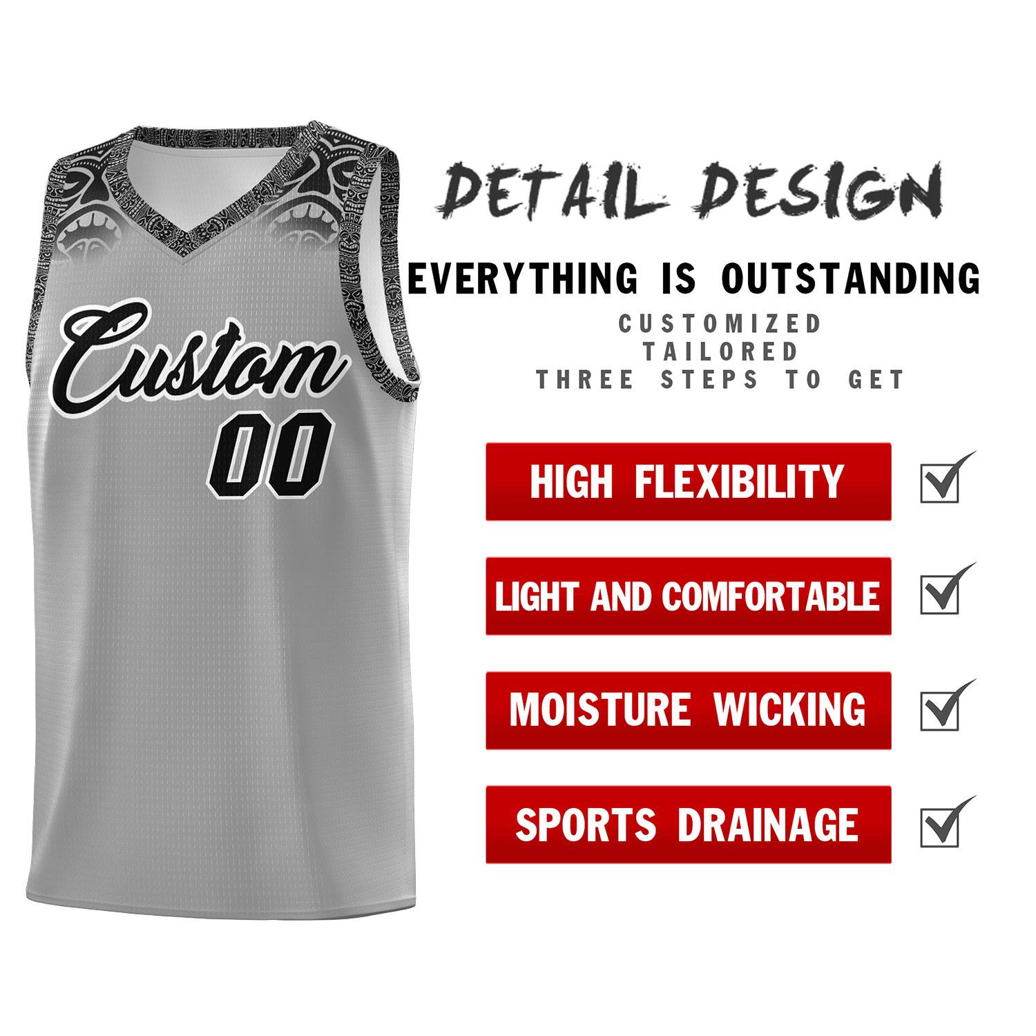Custom Gray Black Personalized Indians Print Sets Sports Uniform Basketball Jersey