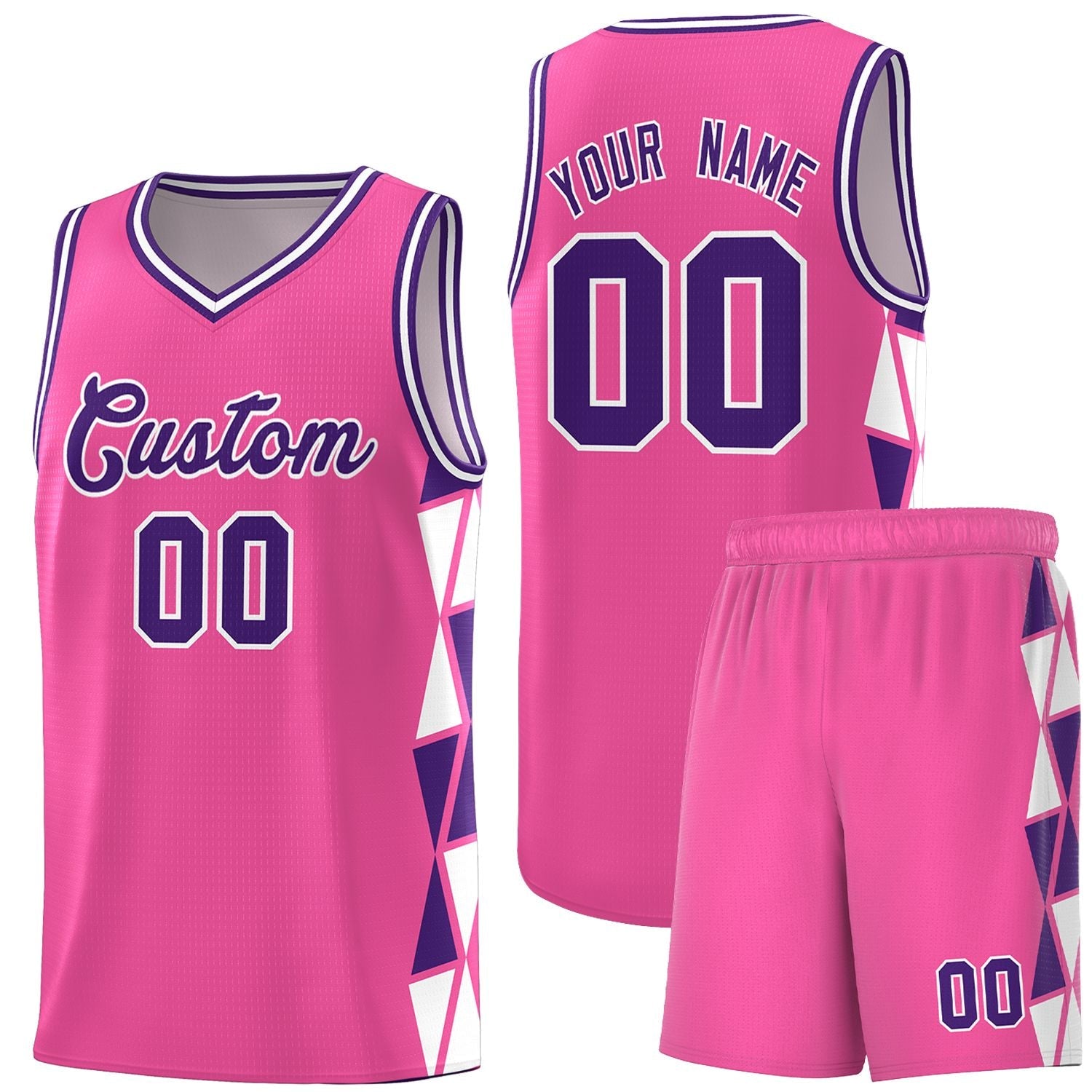 Custom Pink Purple-White Side Two-Color Triangle Splicing Sports Uniform Basketball Jersey