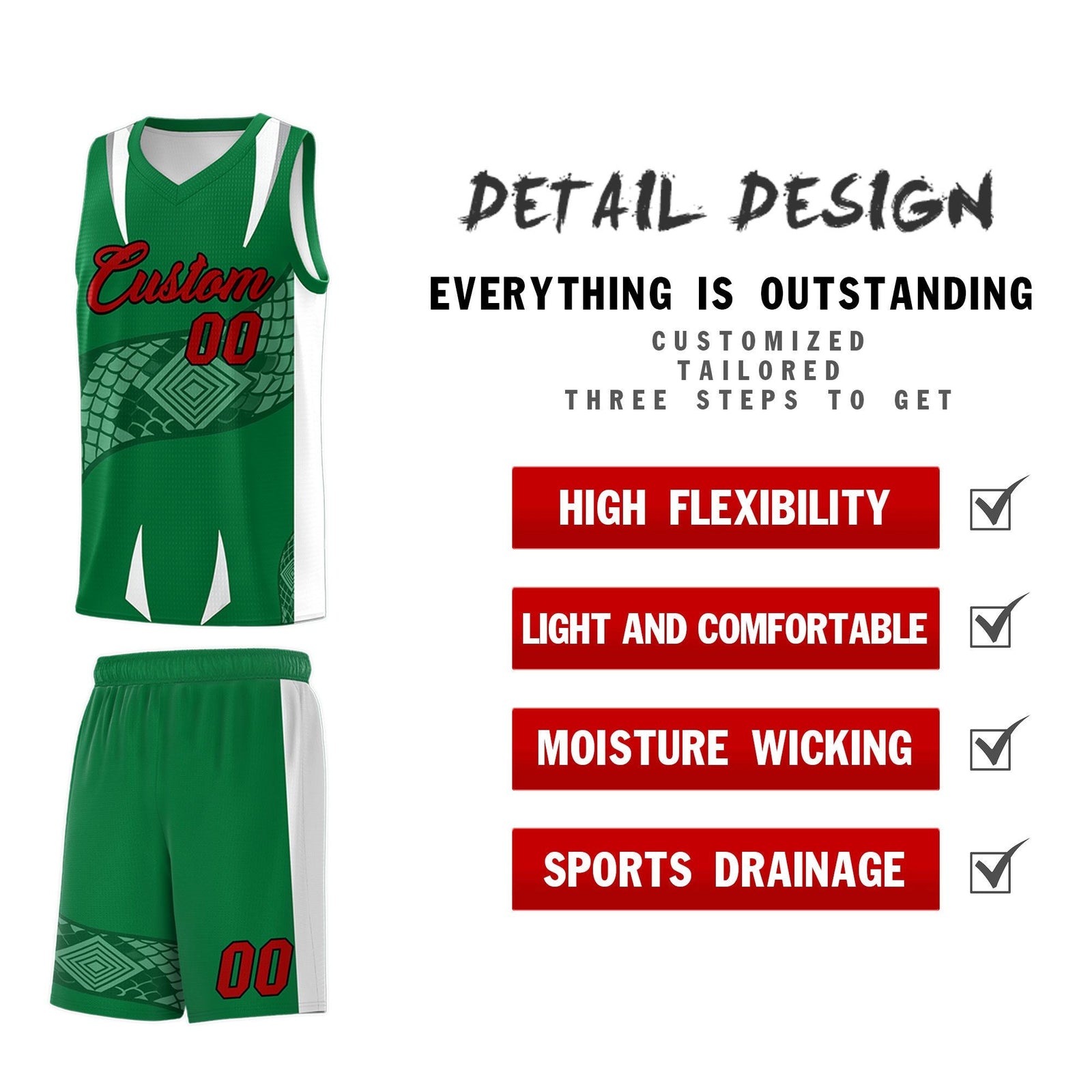 Custom Kelly Green White Snake Scale Venomous Fang Breathable Graffiti Pattern Basketball Suit Jersey