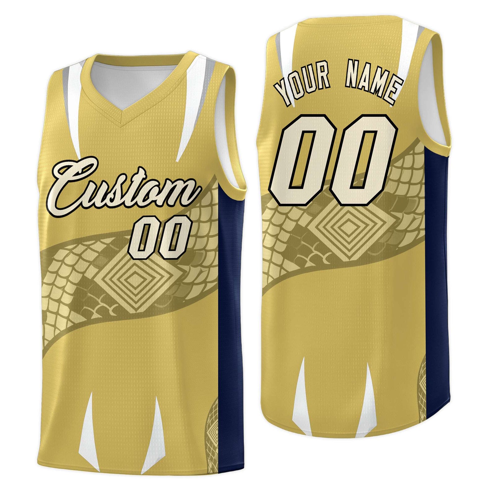 Custom Old Gold Navy Snake Scale Venomous Fang Drapable Graffiti Pattern Basketball Suit Jersey