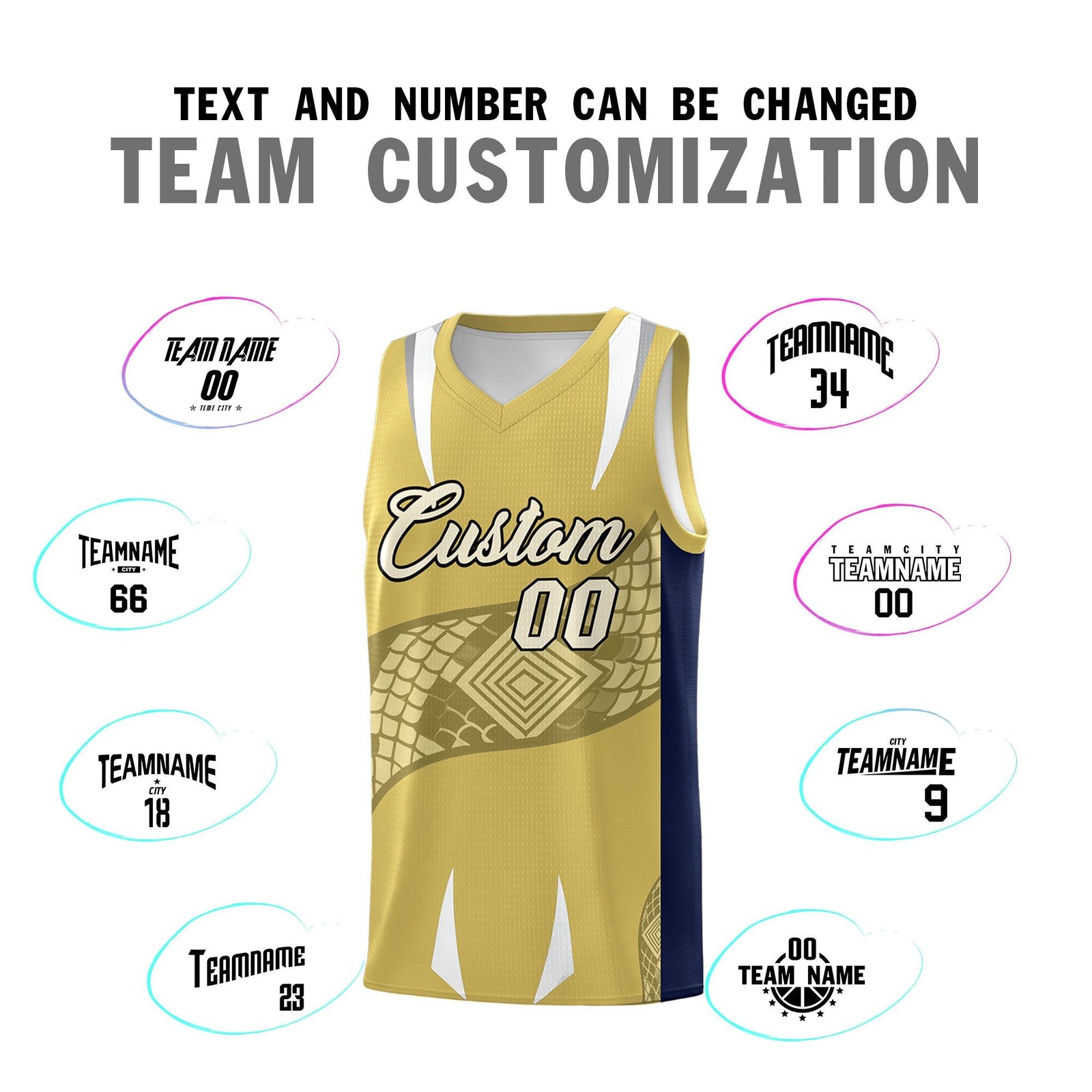 Custom Old Gold Navy Snake Scale Venomous Fang Drapable Graffiti Pattern Basketball Suit Jersey