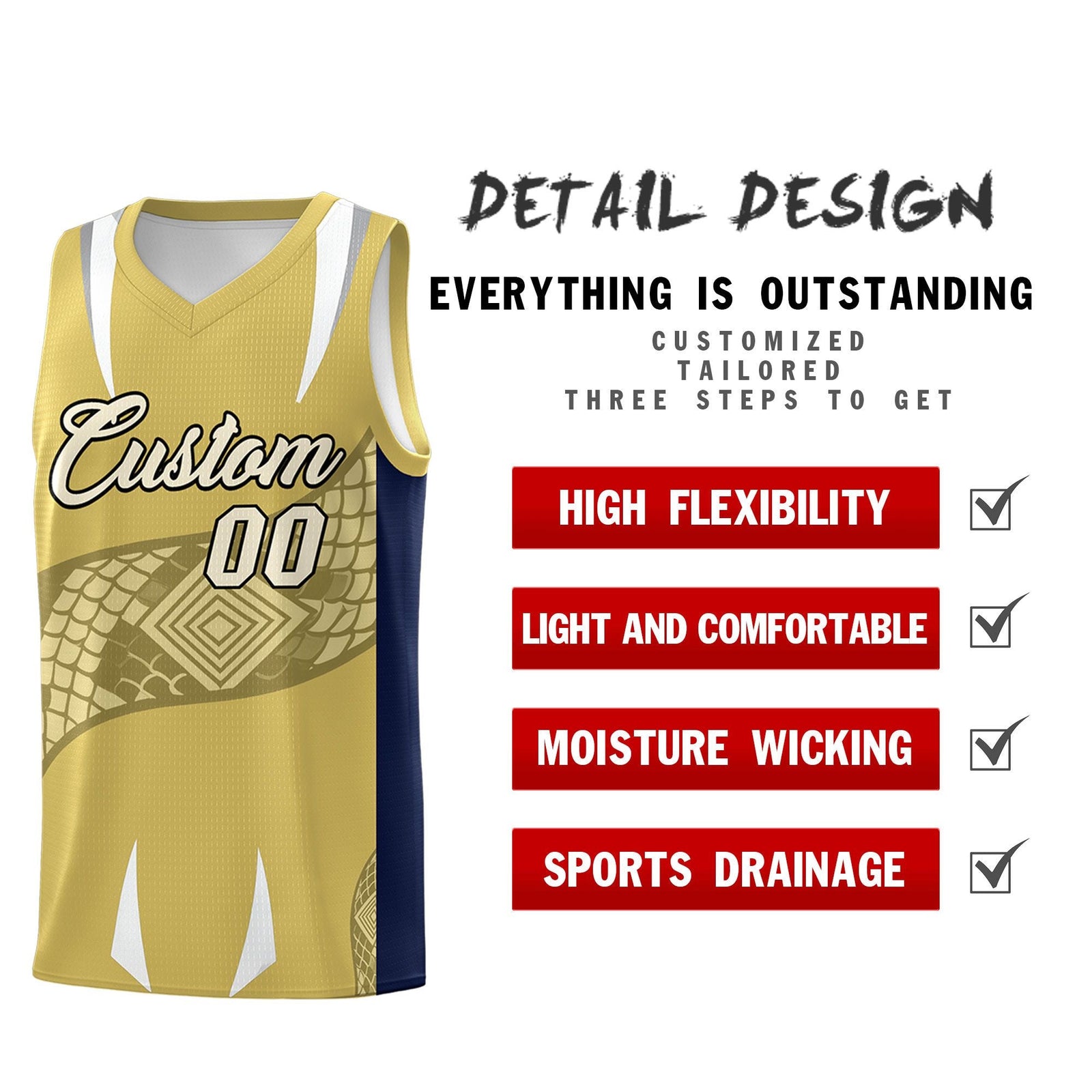 Custom Old Gold Navy Snake Scale Venomous Fang Drapable Graffiti Pattern Basketball Suit Jersey