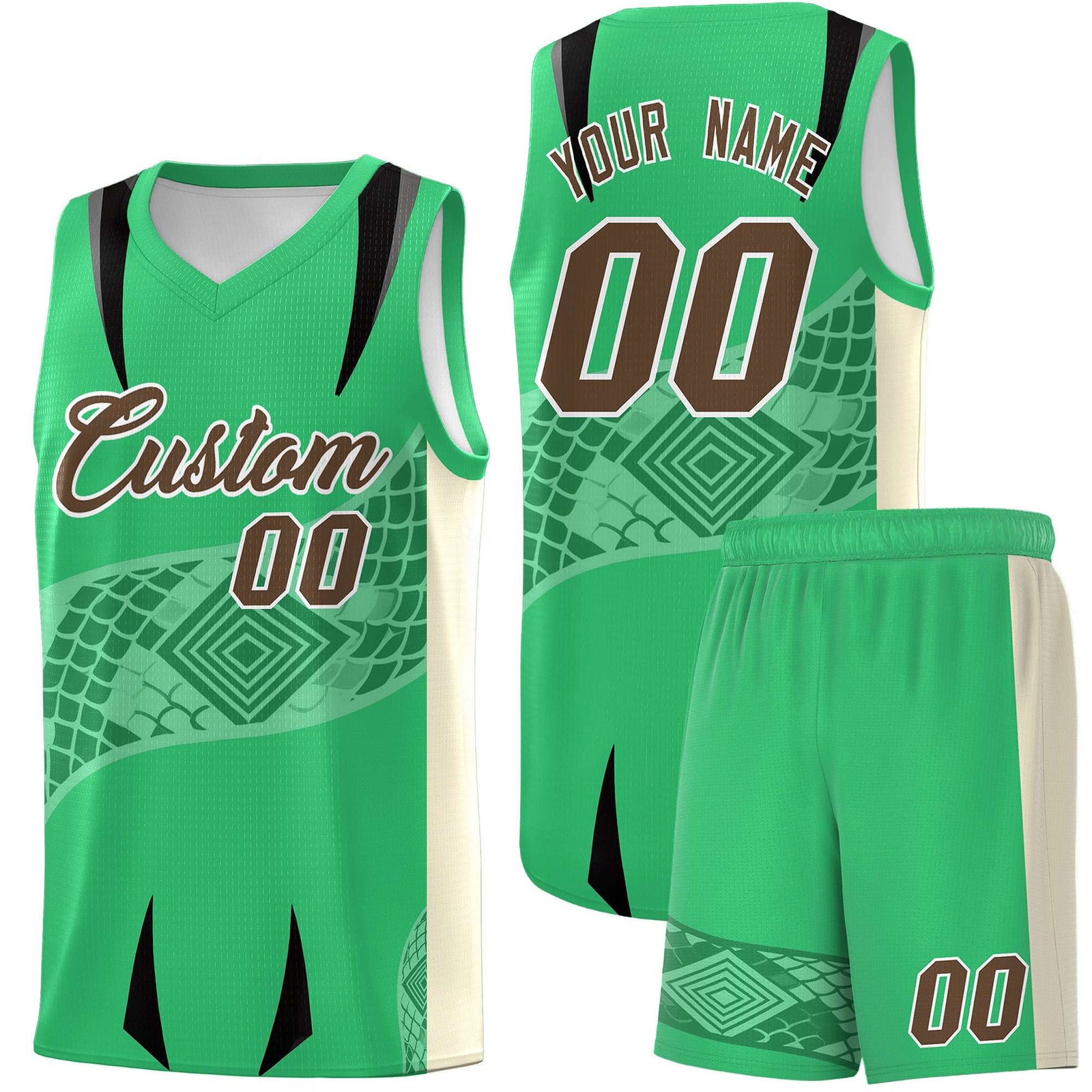 Custom Green Light Khaki Snake Scale Venomous Fang for Clubs Graffiti Pattern Basketball Suit Jersey