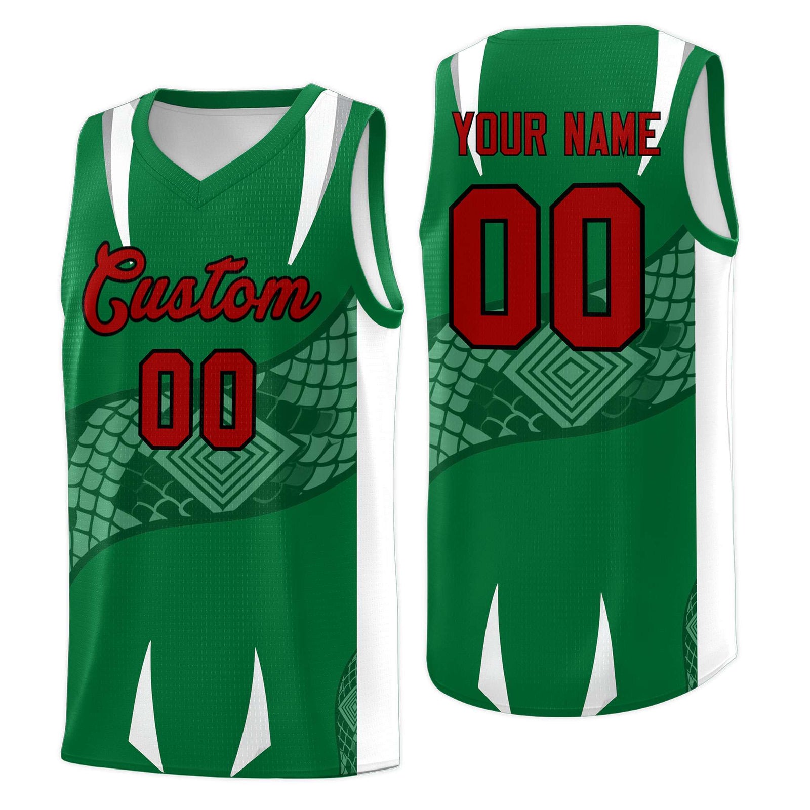 Custom Kelly Green White Snake Scale Venomous Fang Breathable Graffiti Pattern Basketball Suit Jersey