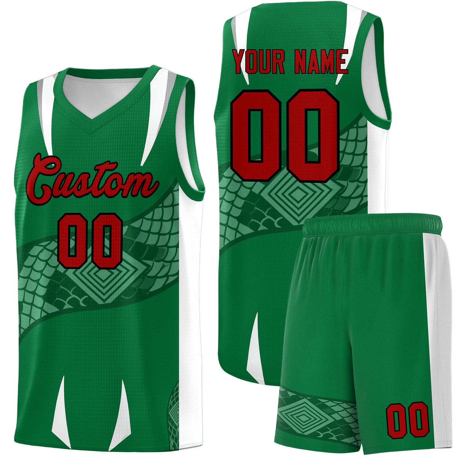 Custom Kelly Green White Snake Scale Venomous Fang Breathable Graffiti Pattern Basketball Suit Jersey