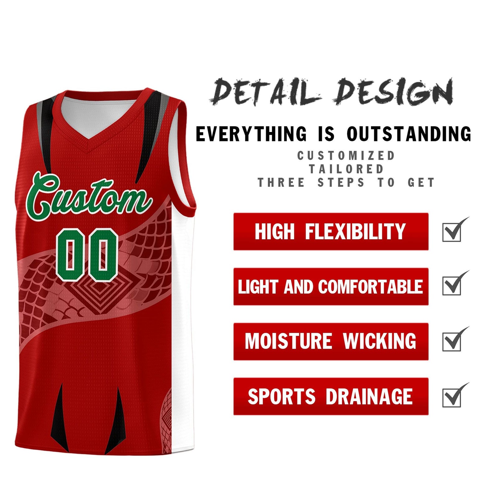 Custom Red White Snake Scale Venomous Fang for Clubs Graffiti Pattern Basketball Suit Jersey