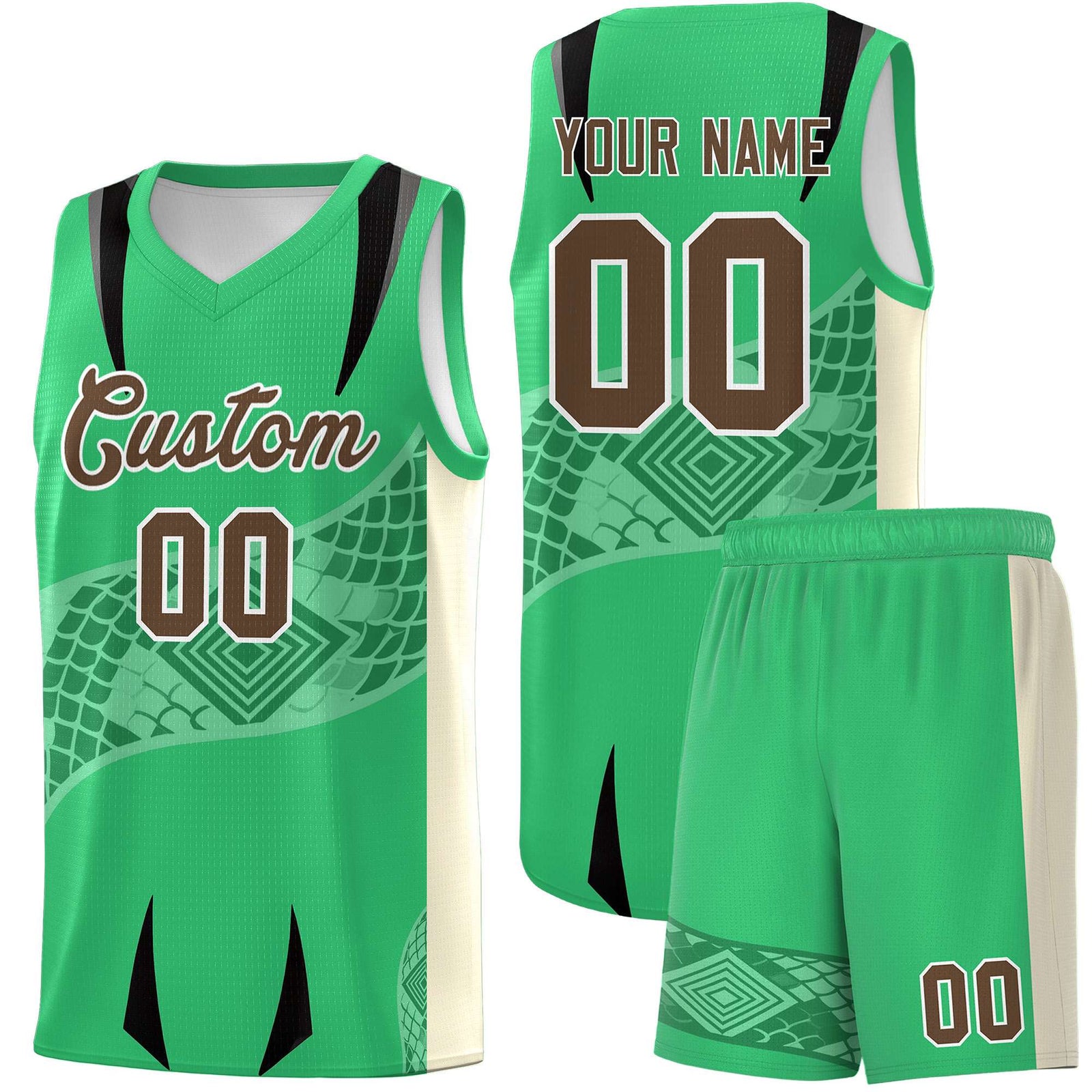 Custom Green Light Khaki Snake Scale Venomous Fang for Clubs Graffiti Pattern Basketball Suit Jersey