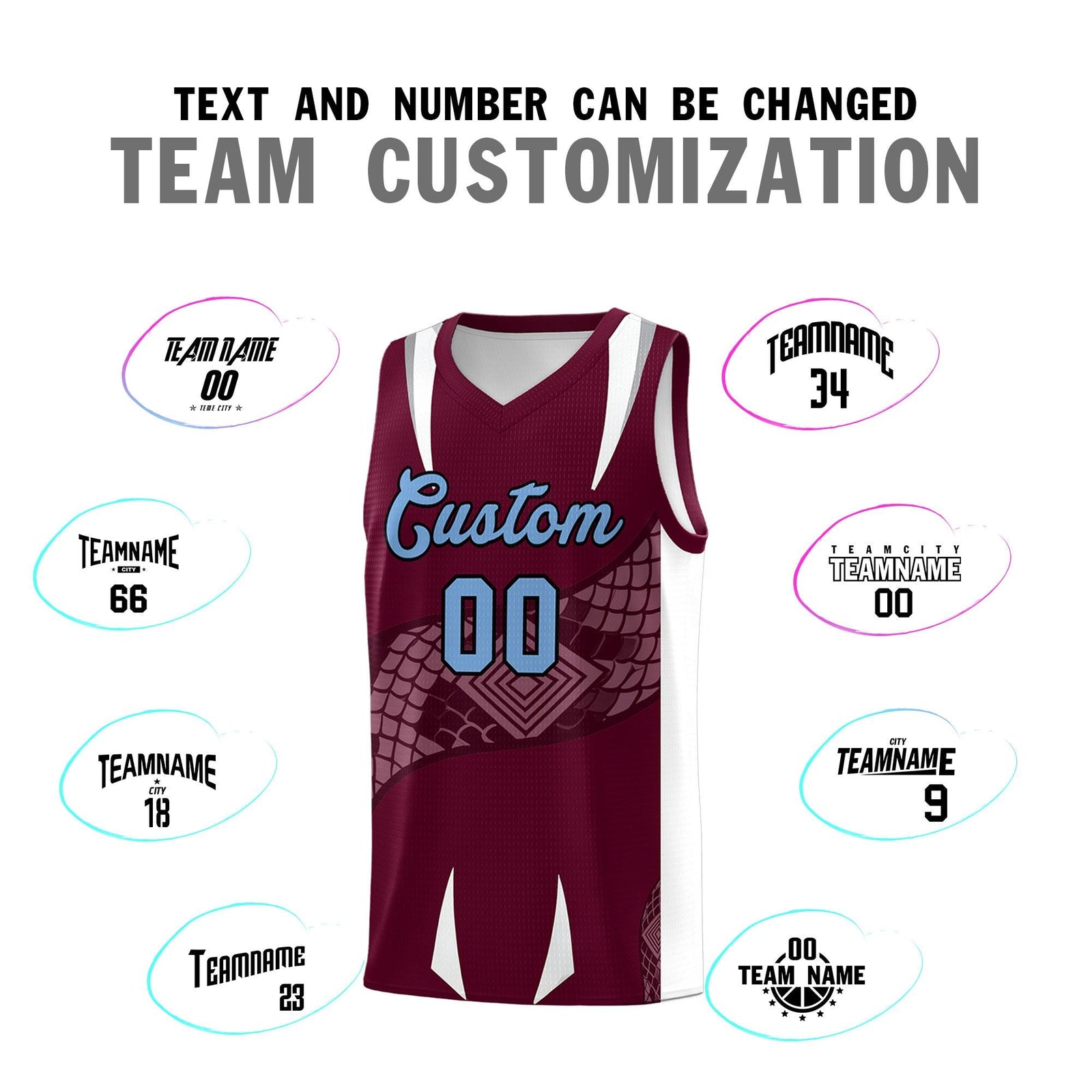 Custom Burgundy White Snake Scale Venomous Fang Lightweight Graffiti Pattern Basketball Suit Jersey