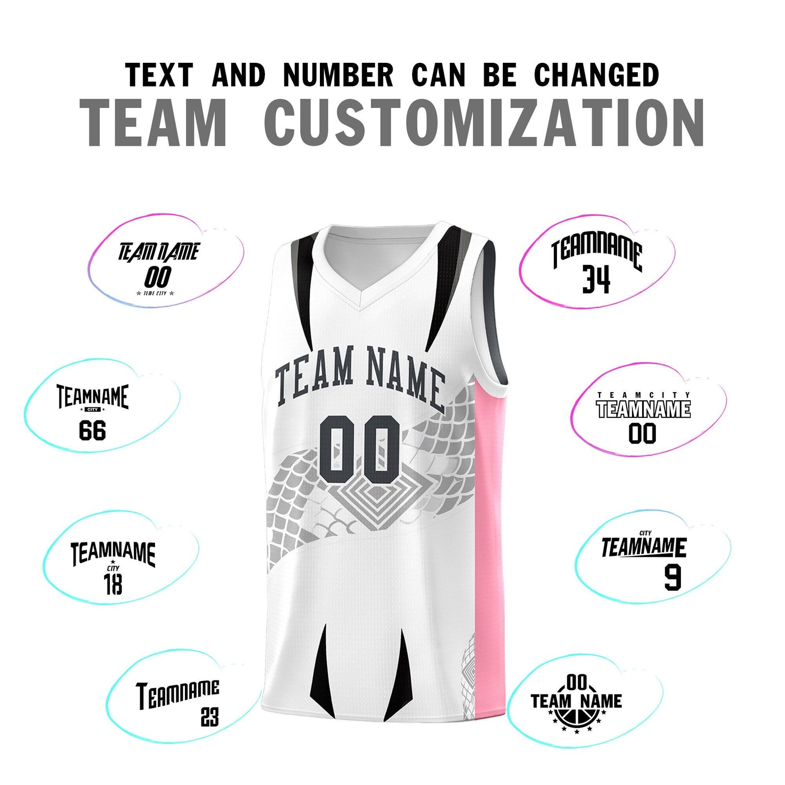 Custom White Light Pink Snake Scale Venomous Fang for Leagues Graffiti Pattern Basketball Suit Jersey