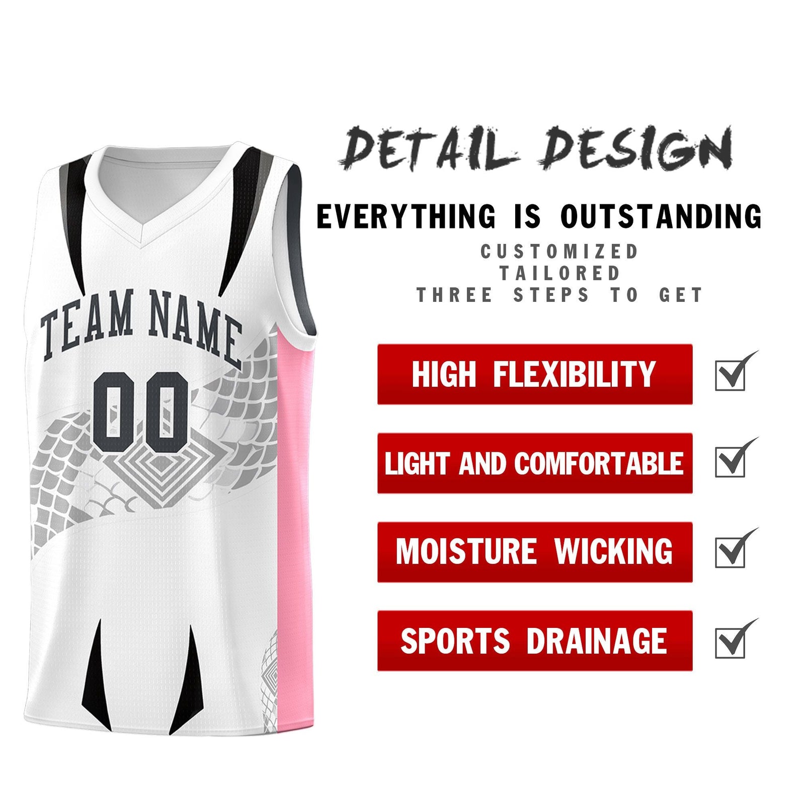 Custom White Light Pink Snake Scale Venomous Fang for Leagues Graffiti Pattern Basketball Suit Jersey