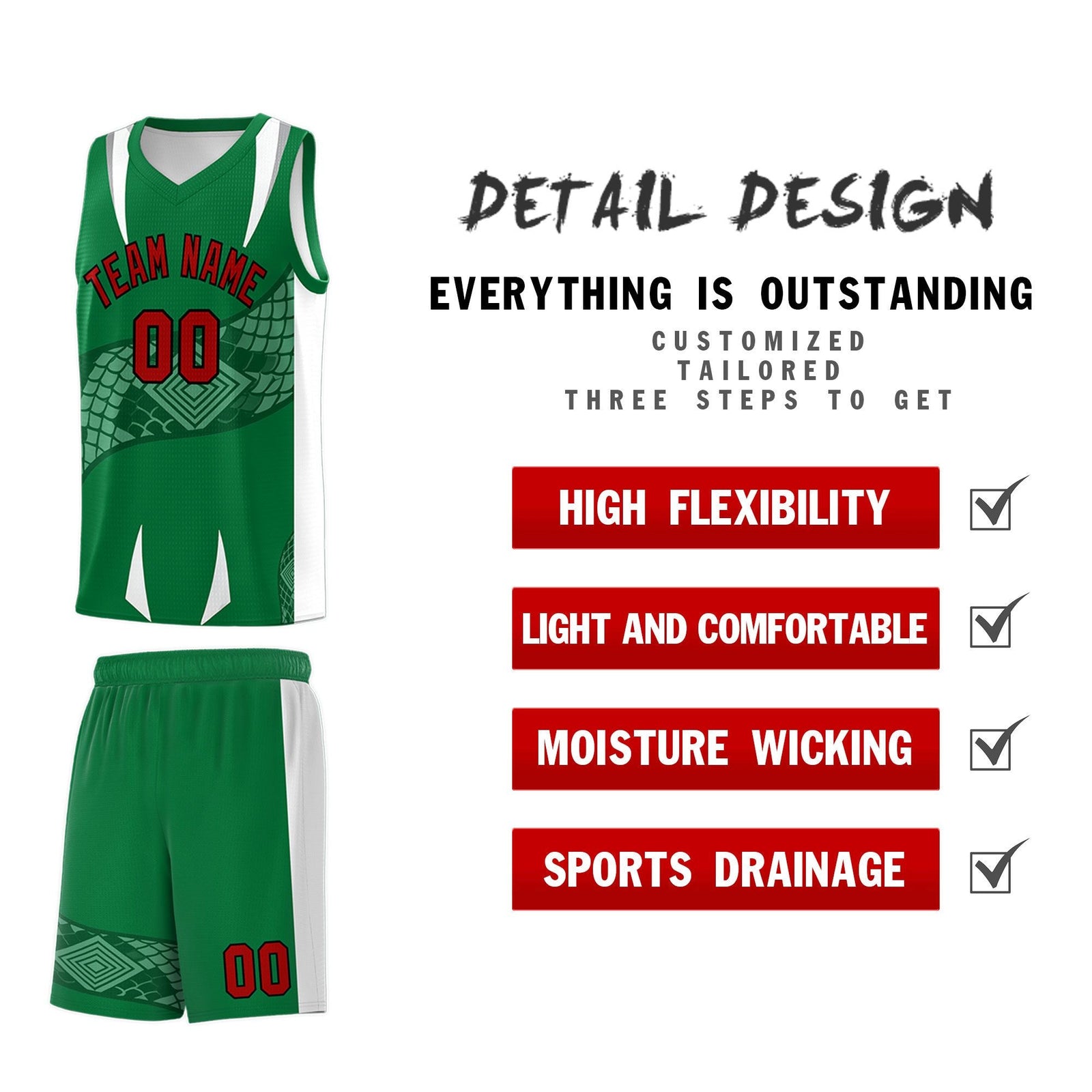 Custom Kelly Green White Snake Scale Venomous Fang Breathable Graffiti Pattern Basketball Suit Jersey