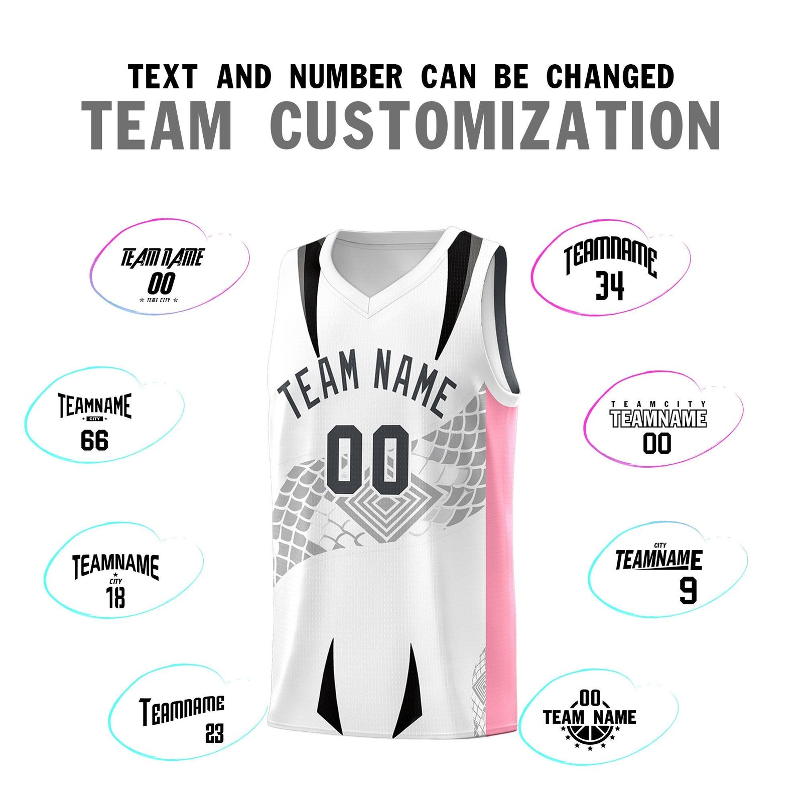 Custom White Light Pink Snake Scale Venomous Fang for Leagues Graffiti Pattern Basketball Suit Jersey