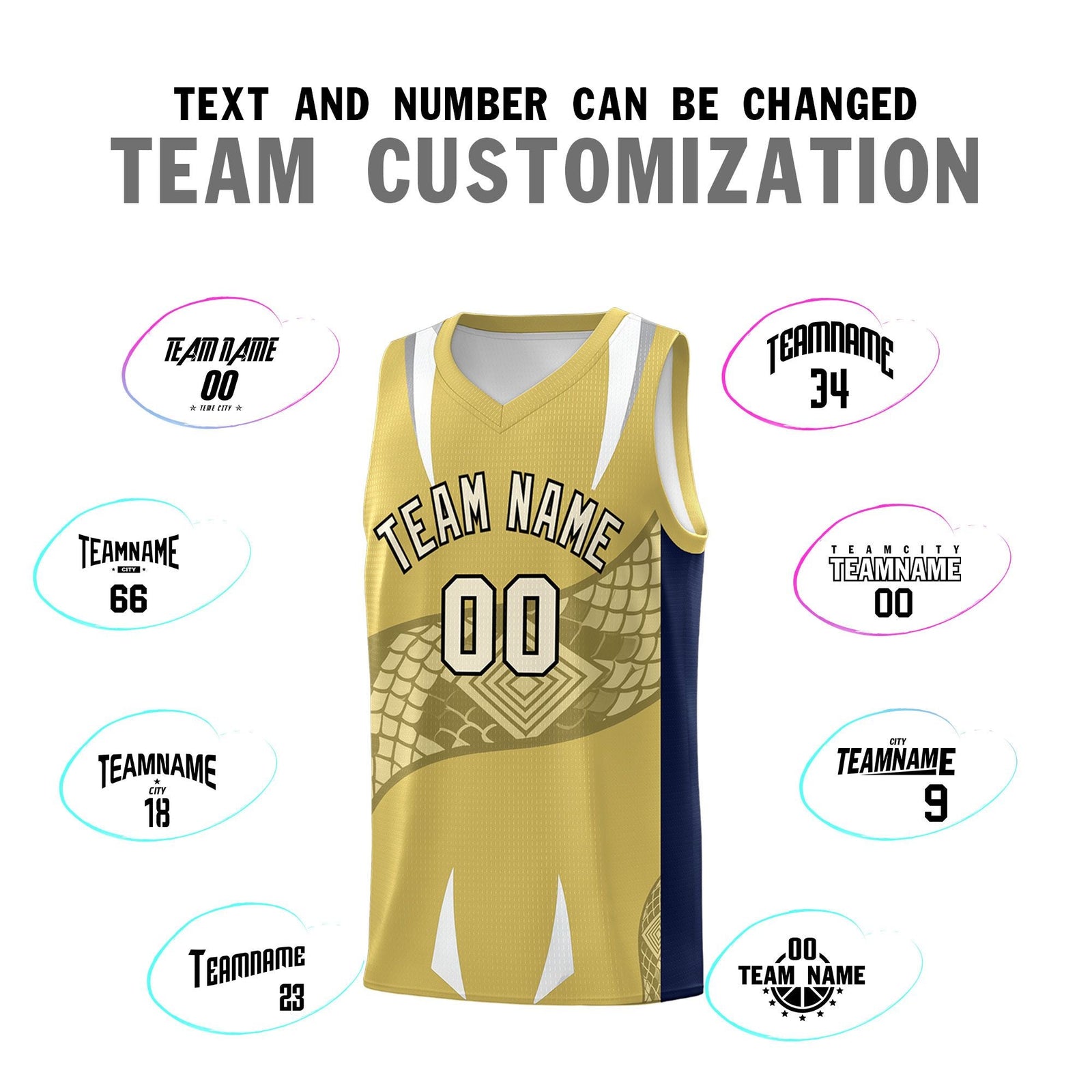 Custom Old Gold Navy Snake Scale Venomous Fang Drapable Graffiti Pattern Basketball Suit Jersey