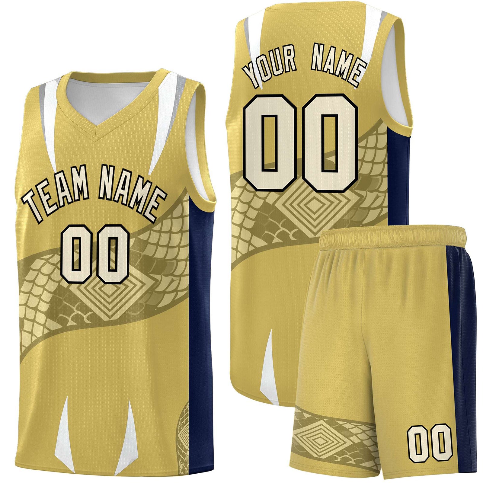 Custom Old Gold Navy Snake Scale Venomous Fang Drapable Graffiti Pattern Basketball Suit Jersey