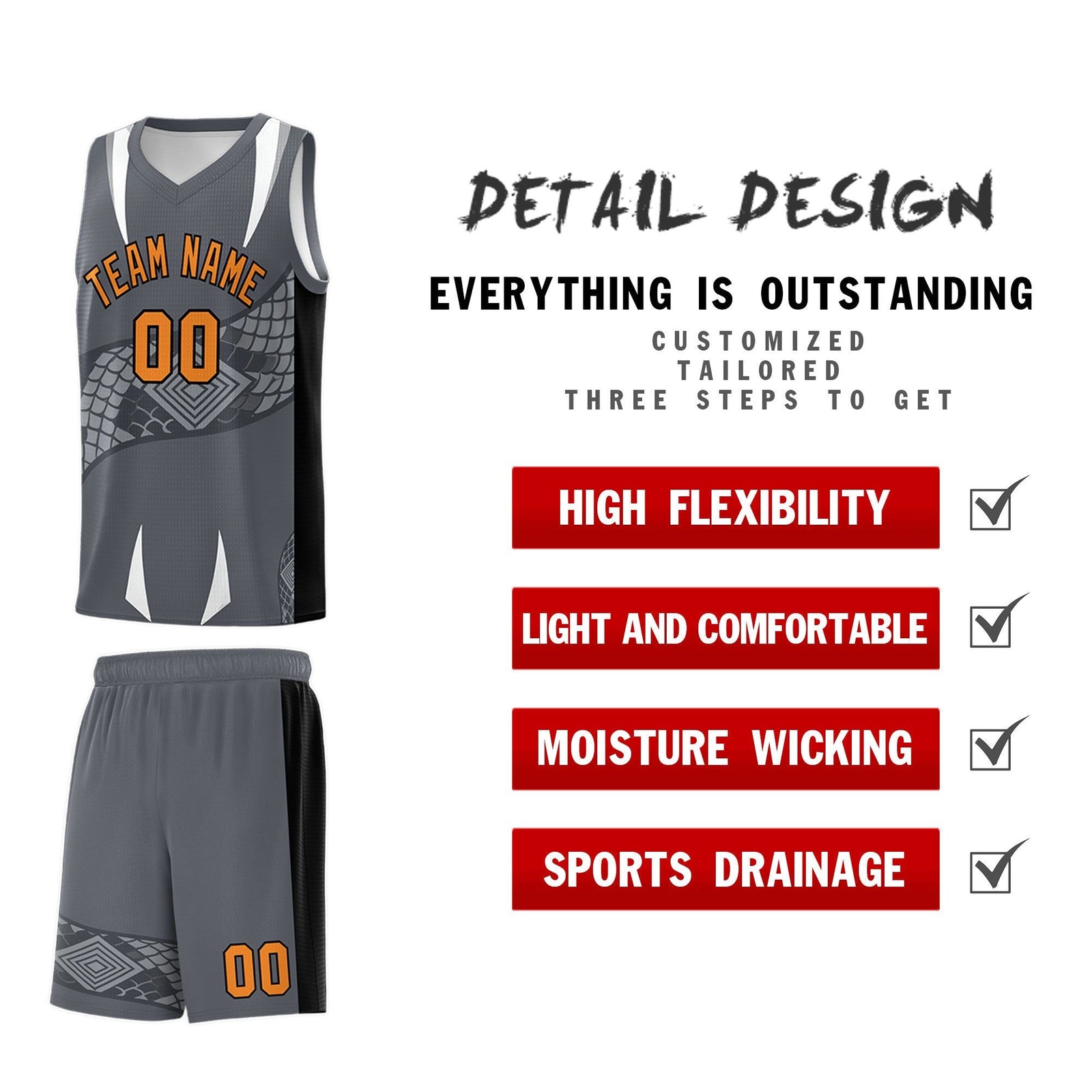 Custom Gray Black Snake Scale Venomous Fang Breathable Graffiti Pattern Basketball Suit Jersey