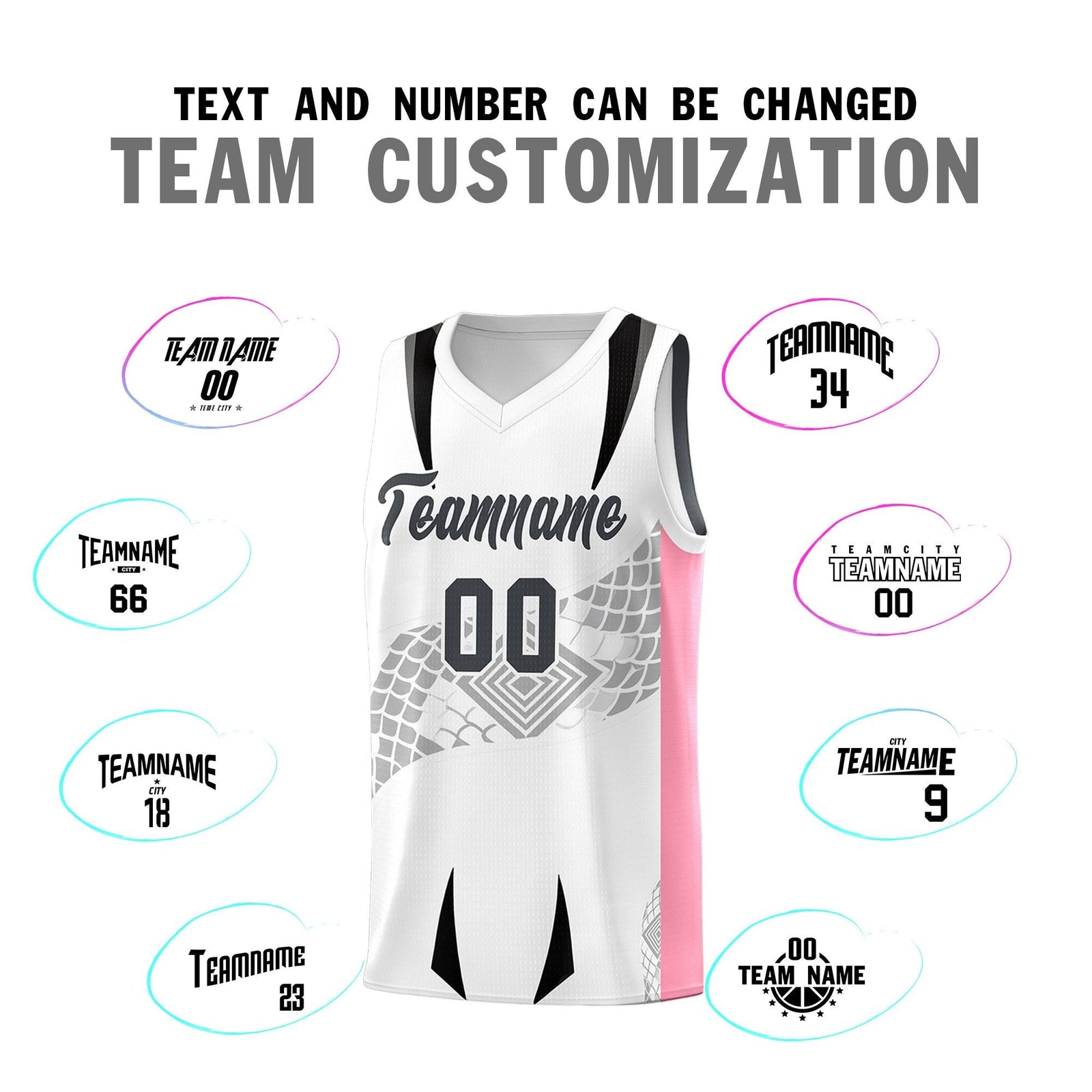 Custom White Light Pink Snake Scale Venomous Fang for Leagues Graffiti Pattern Basketball Suit Jersey