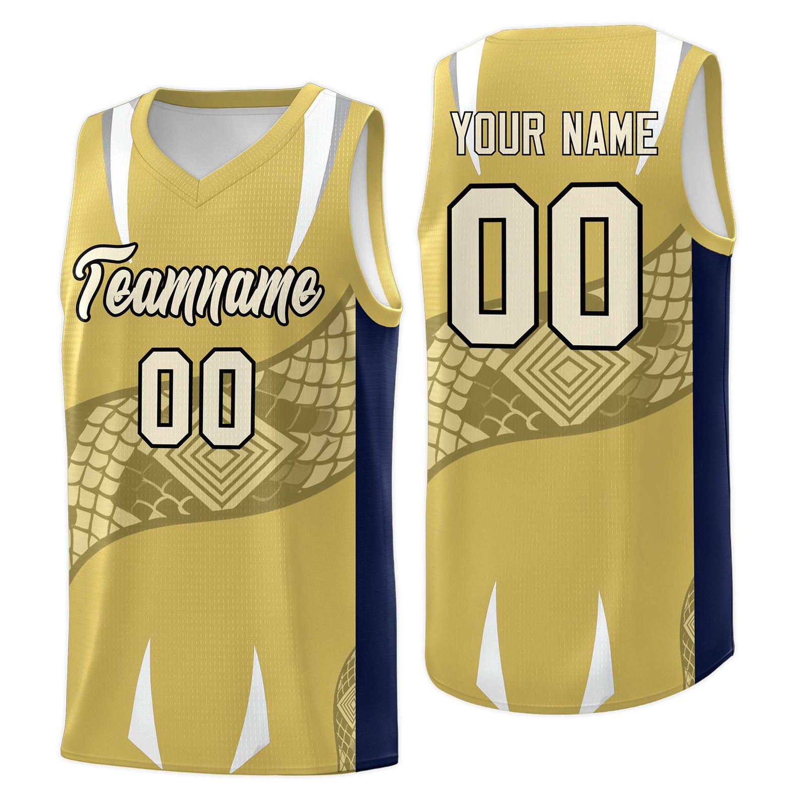 Custom Old Gold Navy Snake Scale Venomous Fang Drapable Graffiti Pattern Basketball Suit Jersey