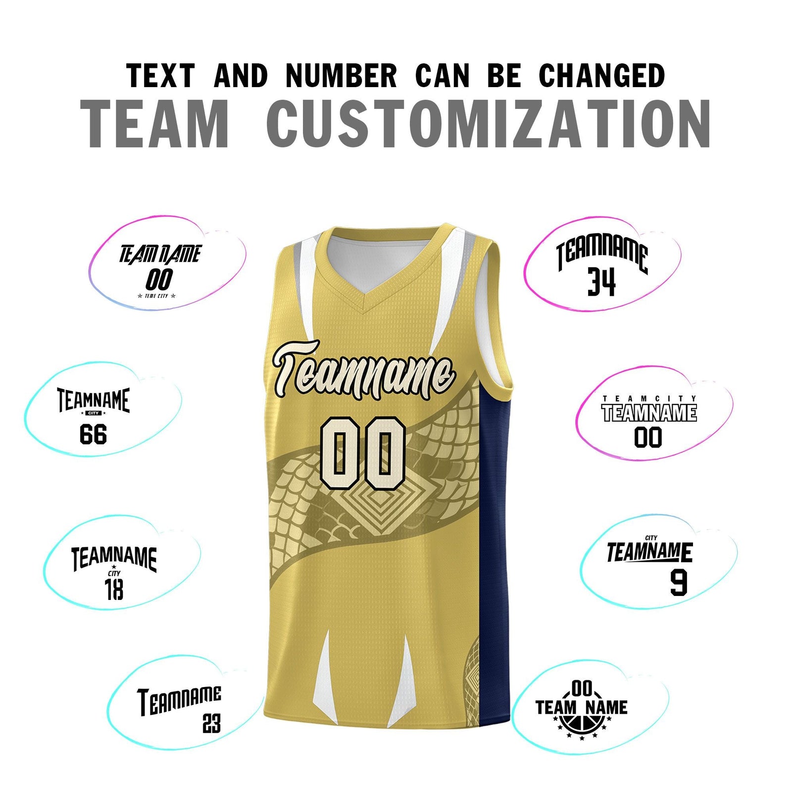Custom Old Gold Navy Snake Scale Venomous Fang Drapable Graffiti Pattern Basketball Suit Jersey
