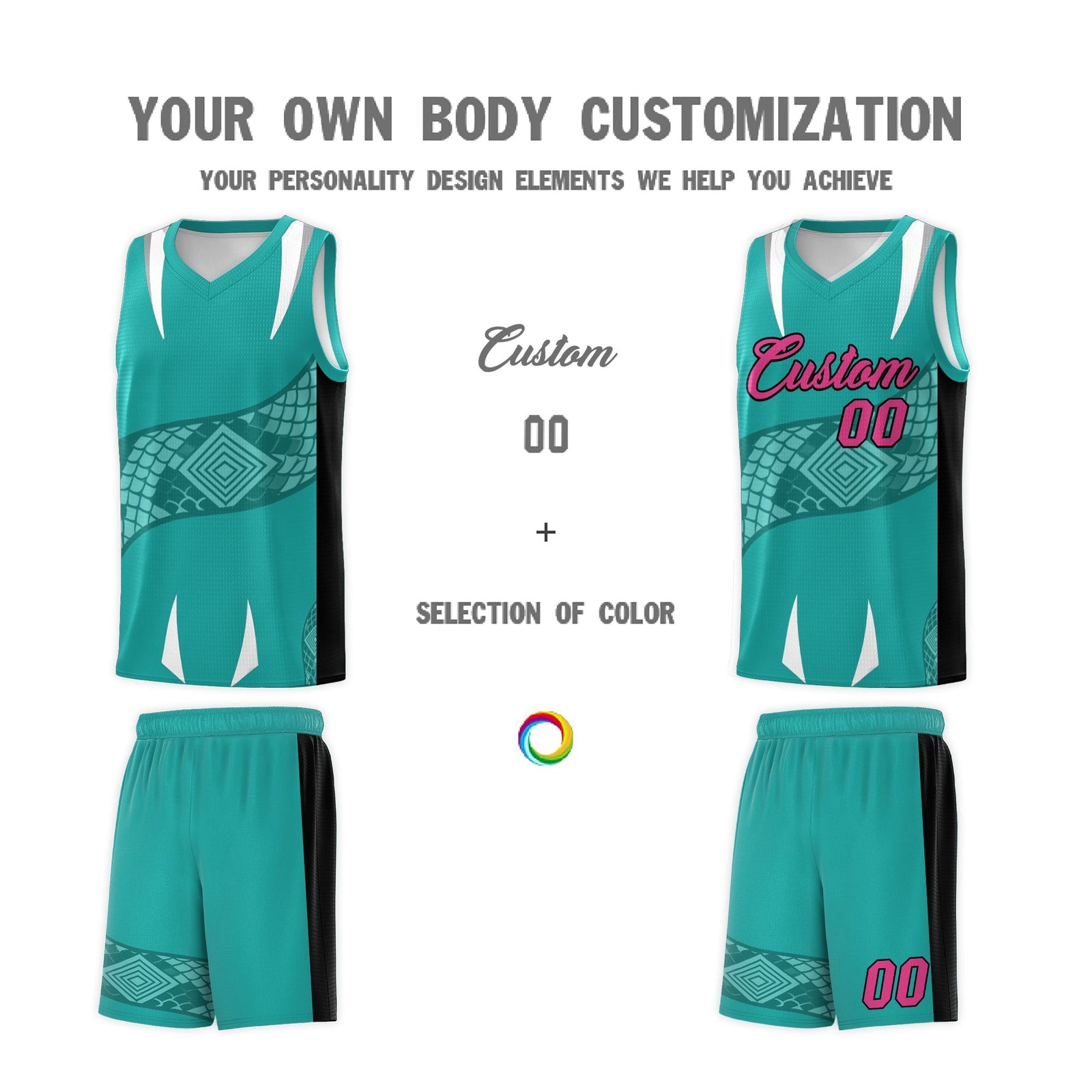 Custom Aqua Black Snake Scale Venomous Fang Lightweight Graffiti Pattern Basketball Suit Jersey