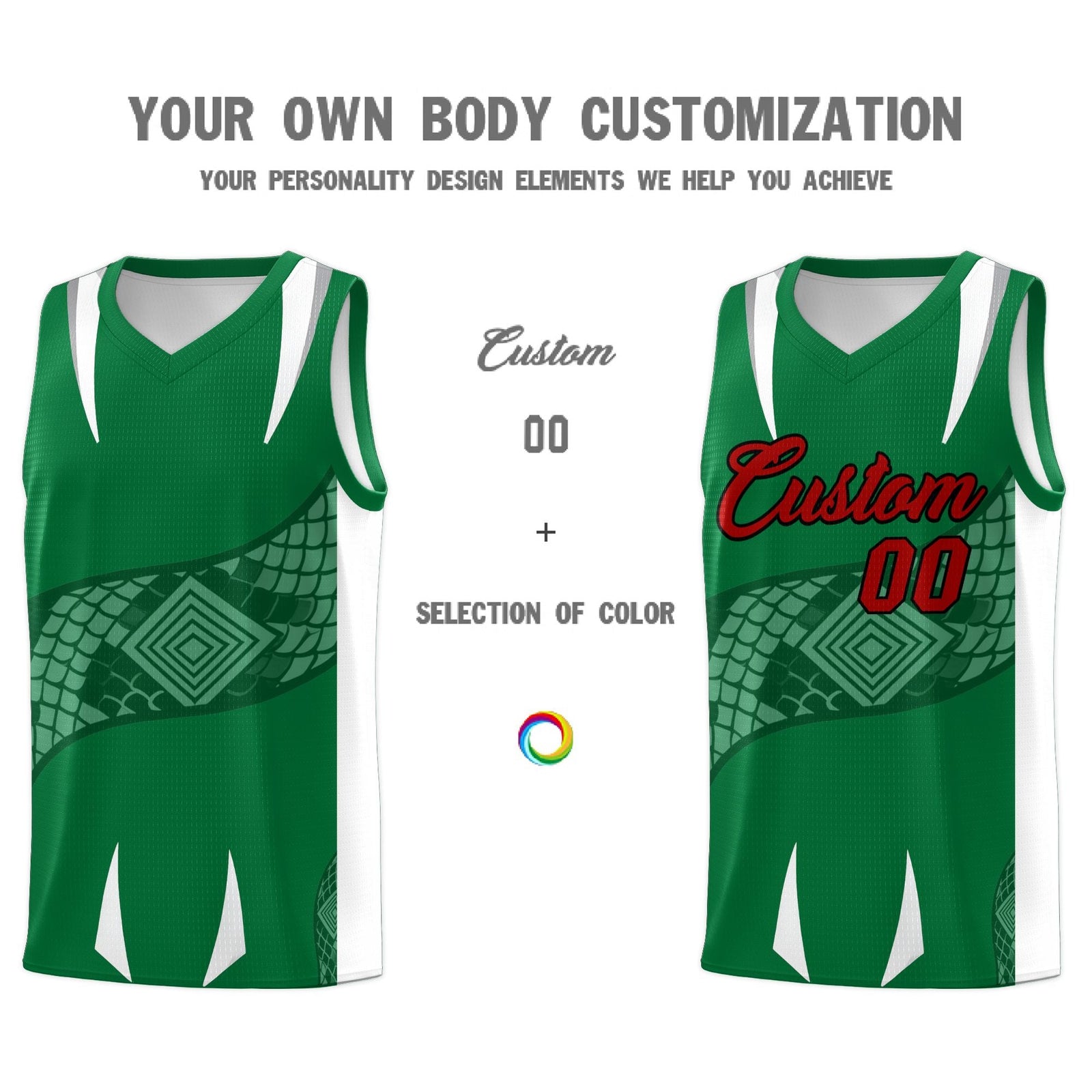 Custom Kelly Green White Snake Scale Venomous Fang Breathable Graffiti Pattern Basketball Suit Jersey