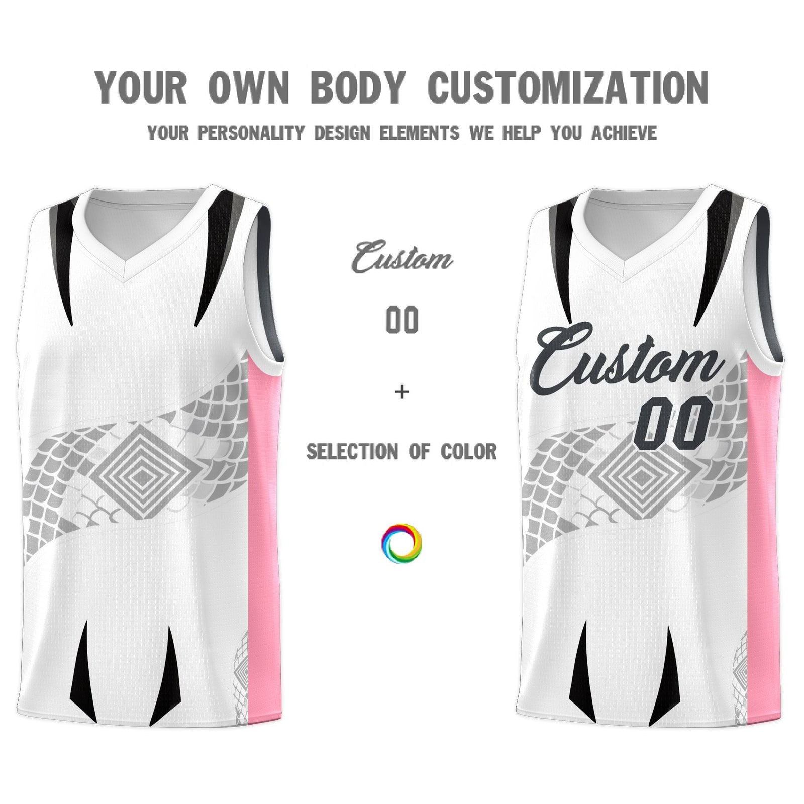 Custom White Light Pink Snake Scale Venomous Fang for Leagues Graffiti Pattern Basketball Suit Jersey