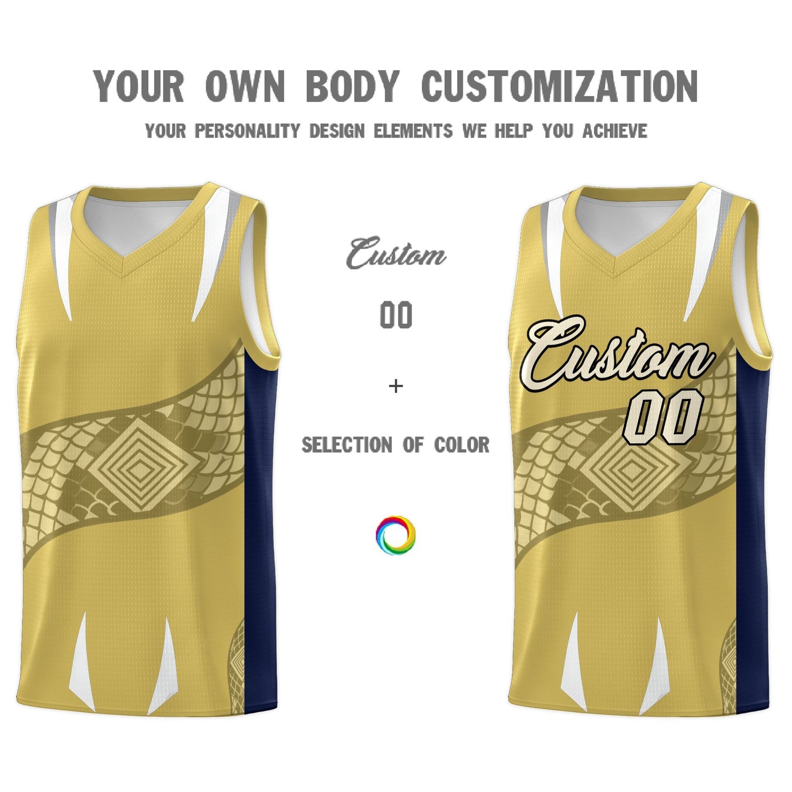 Custom Old Gold Navy Snake Scale Venomous Fang Drapable Graffiti Pattern Basketball Suit Jersey