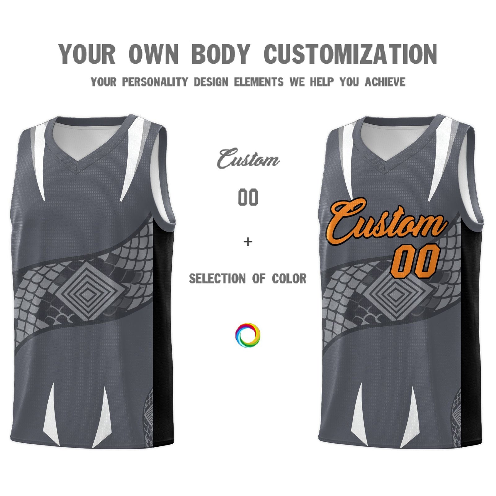 Custom Gray Black Snake Scale Venomous Fang Breathable Graffiti Pattern Basketball Suit Jersey
