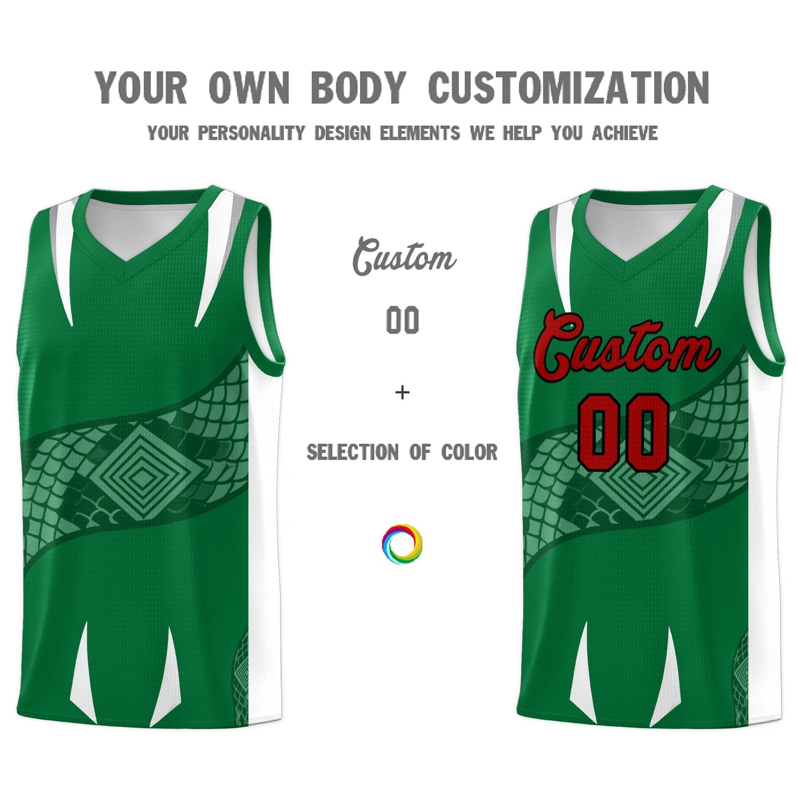 Custom Kelly Green White Snake Scale Venomous Fang Breathable Graffiti Pattern Basketball Suit Jersey