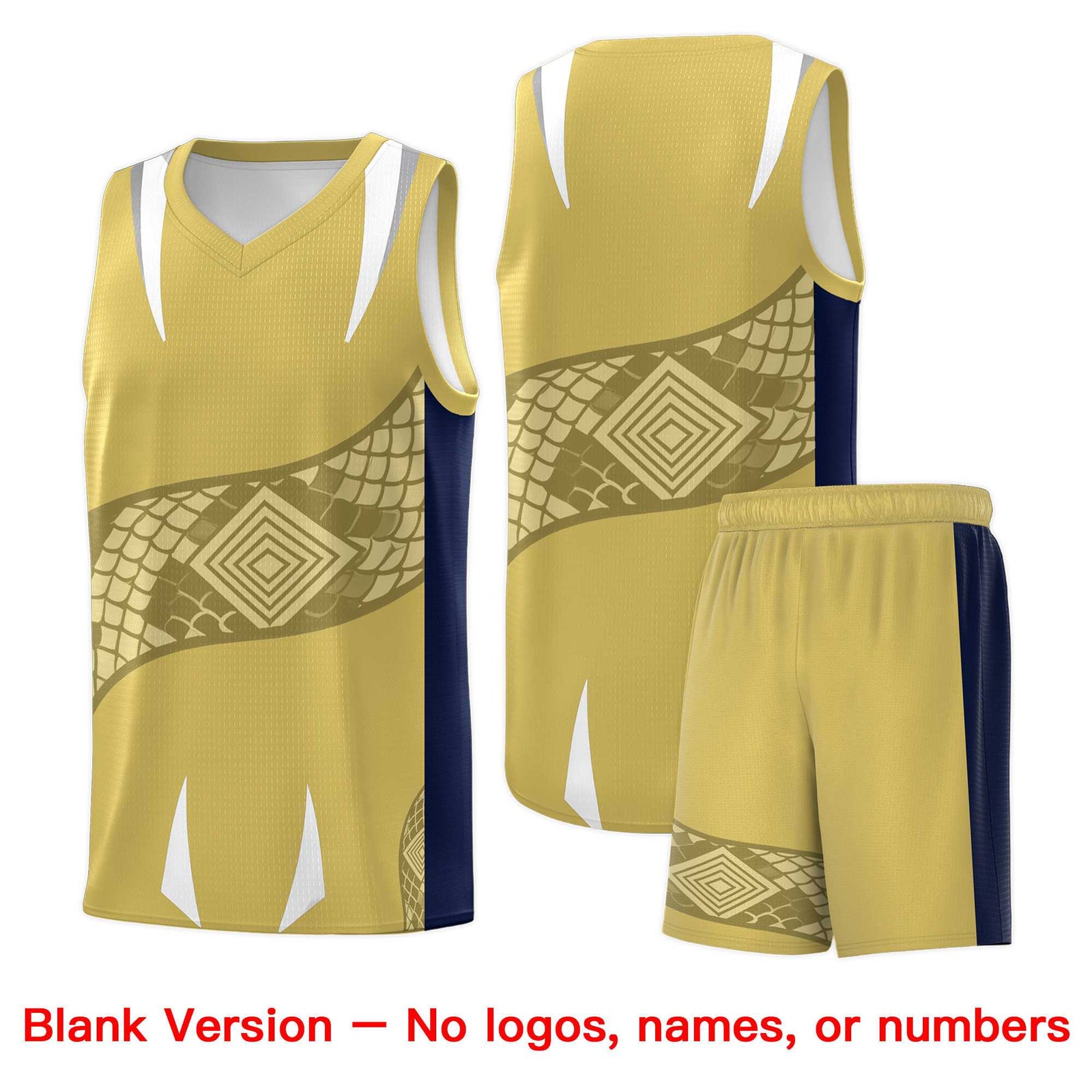 Custom Old Gold Navy Snake Scale Venomous Fang Drapable Graffiti Pattern Basketball Suit Jersey