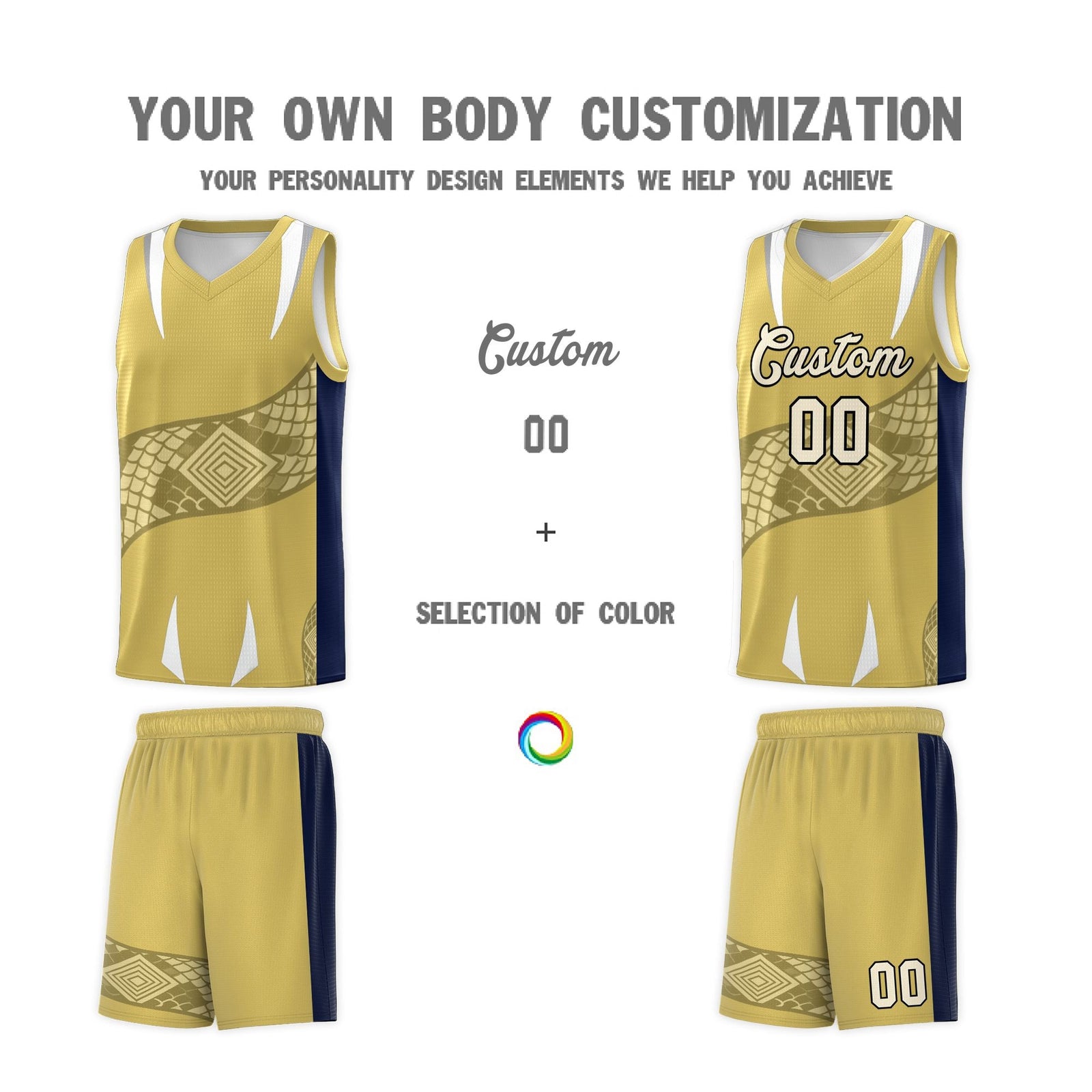 Custom Old Gold Navy Snake Scale Venomous Fang Drapable Graffiti Pattern Basketball Suit Jersey