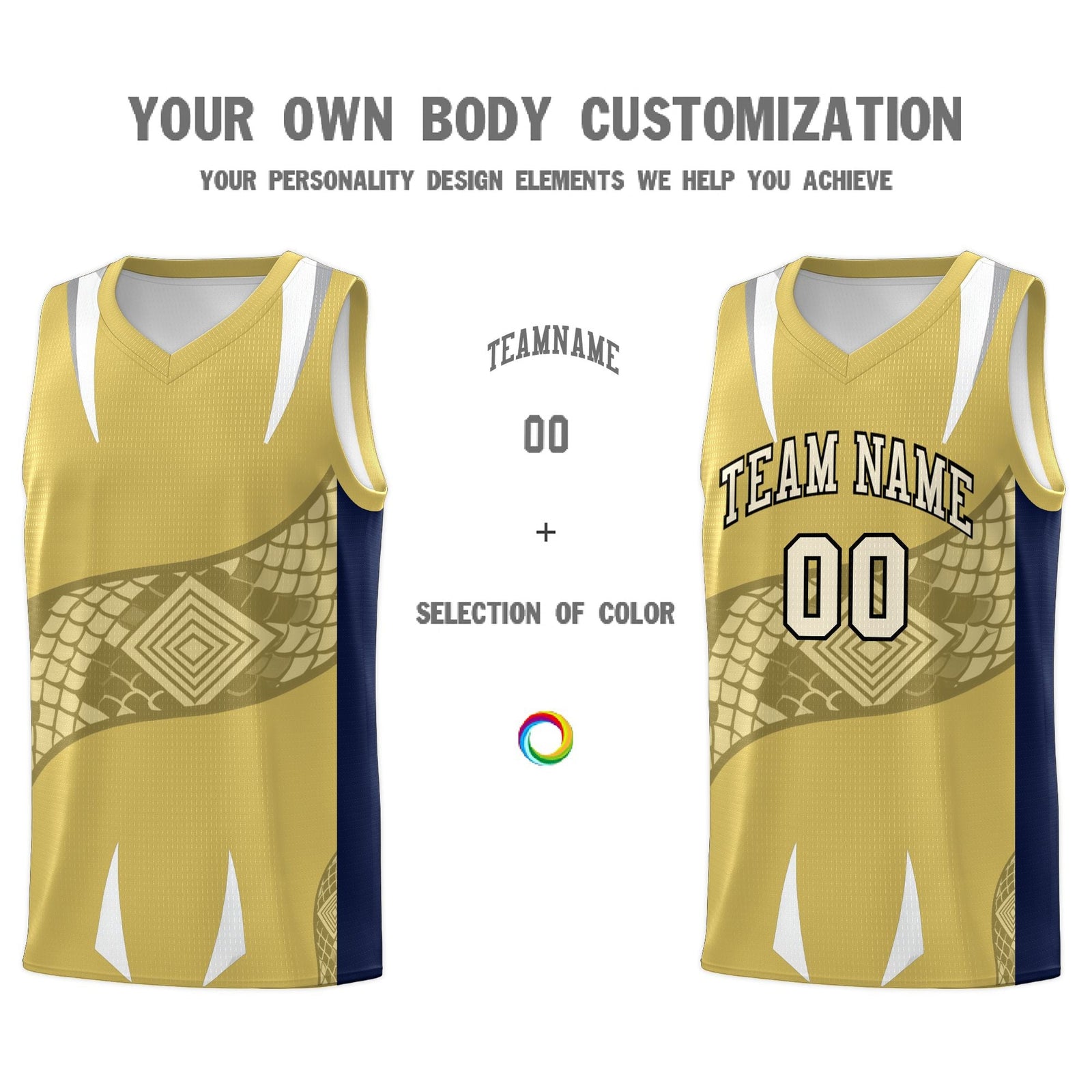 Custom Old Gold Navy Snake Scale Venomous Fang Drapable Graffiti Pattern Basketball Suit Jersey