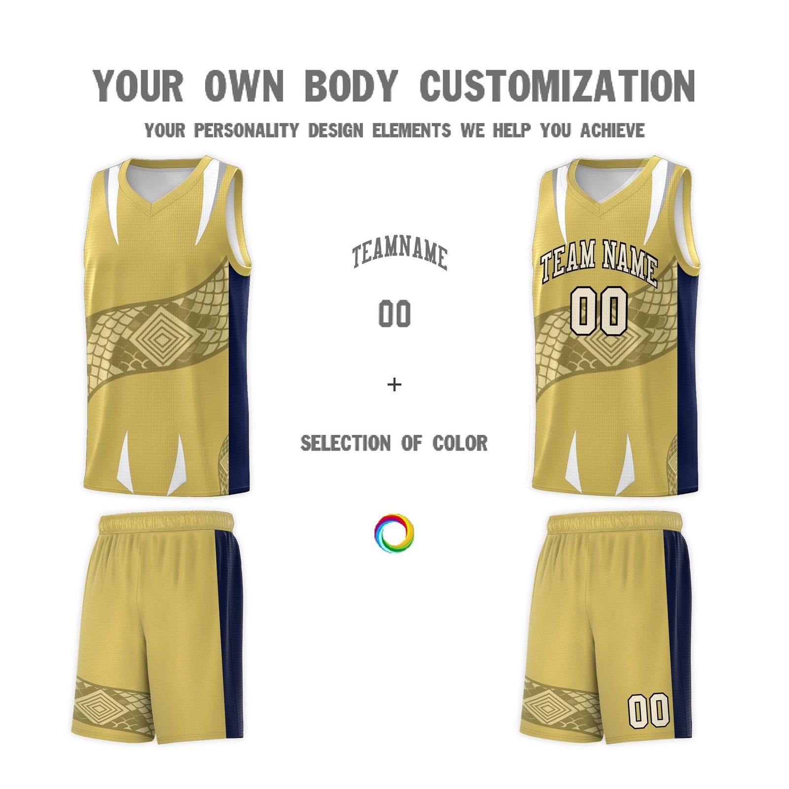 Custom Old Gold Navy Snake Scale Venomous Fang Drapable Graffiti Pattern Basketball Suit Jersey