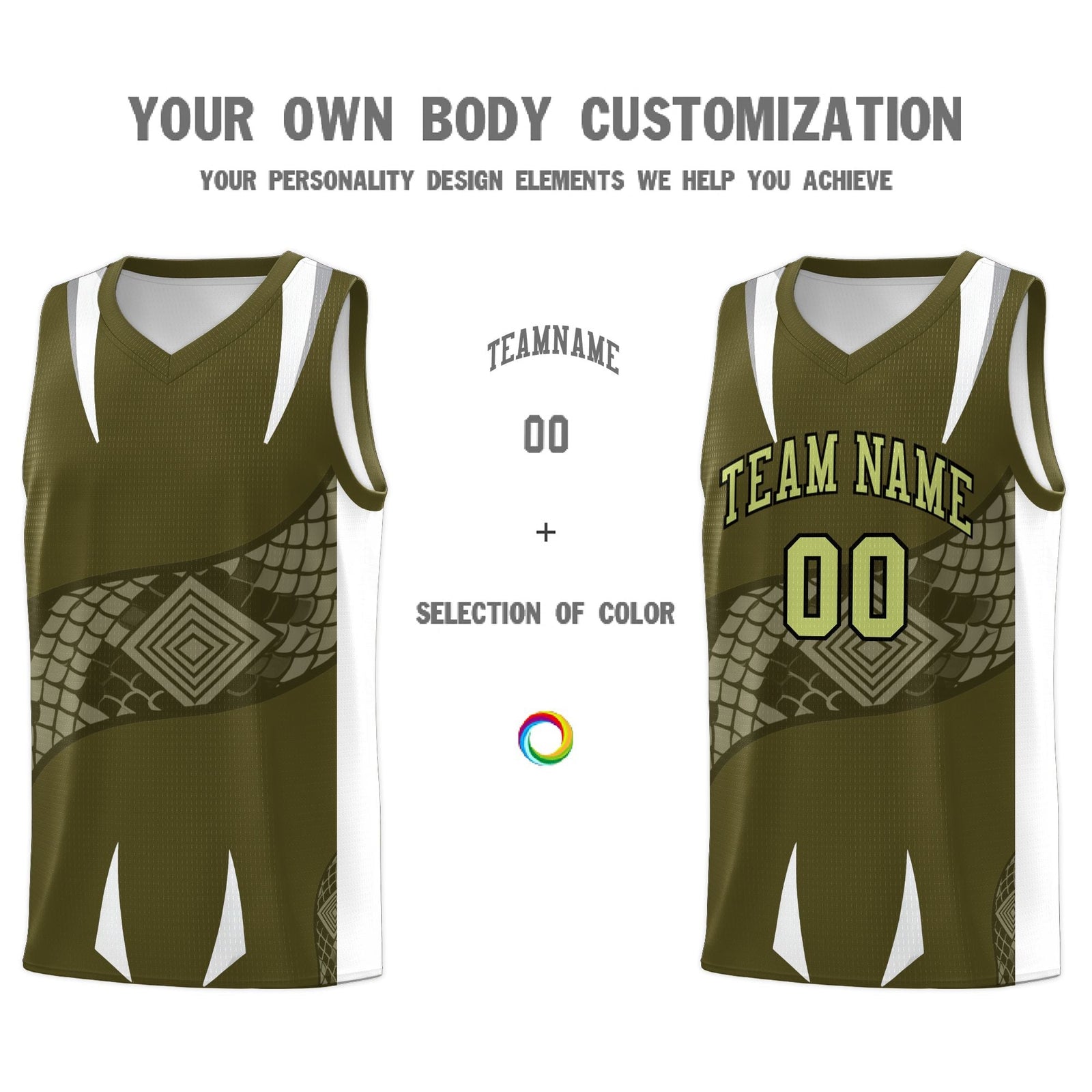 Custom Olive White Snake Scale Venomous Fang Breathable Graffiti Pattern Basketball Suit Jersey