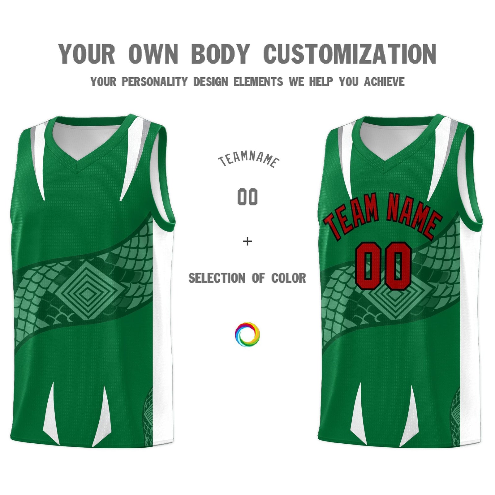 Custom Kelly Green White Snake Scale Venomous Fang Breathable Graffiti Pattern Basketball Suit Jersey