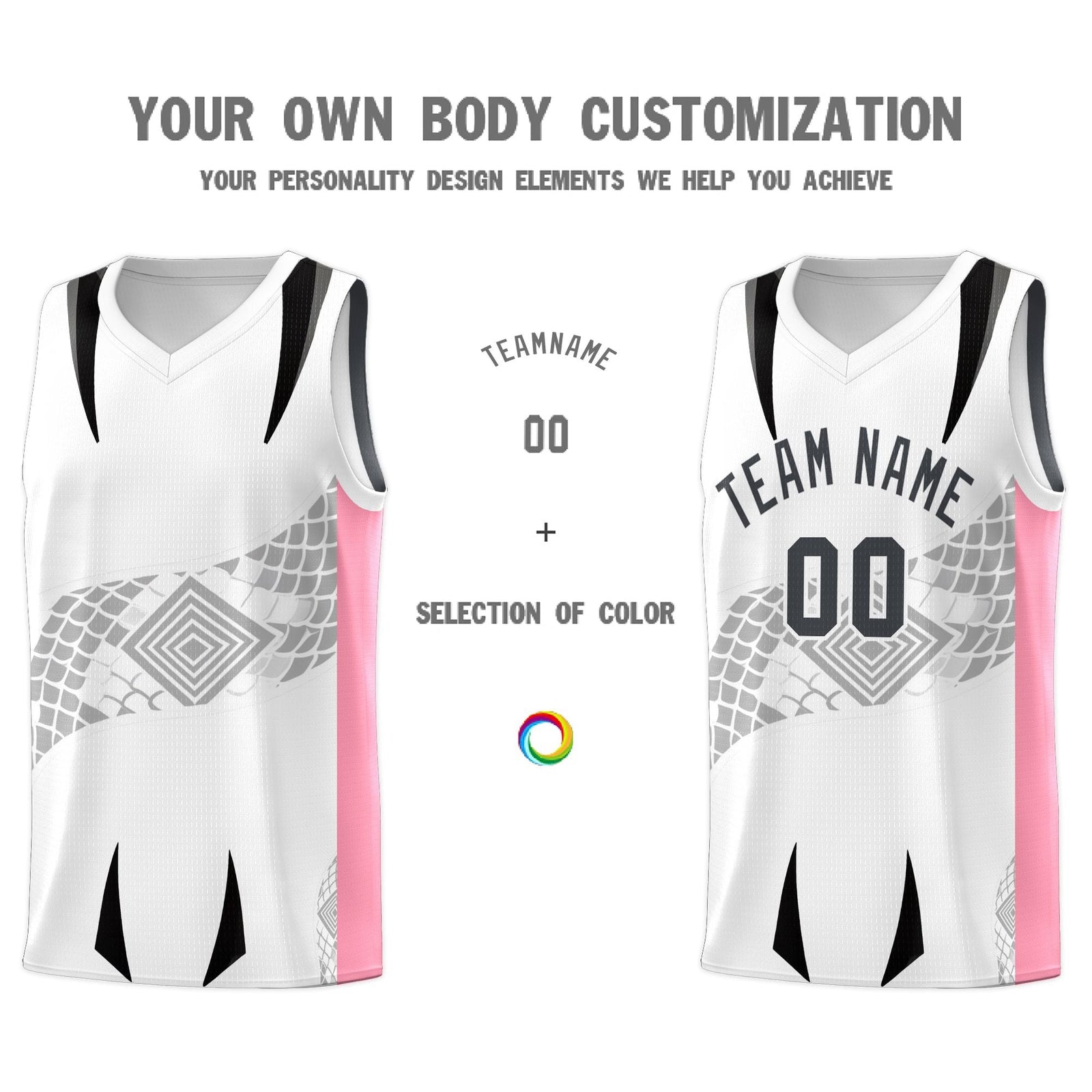 Custom White Light Pink Snake Scale Venomous Fang for Leagues Graffiti Pattern Basketball Suit Jersey