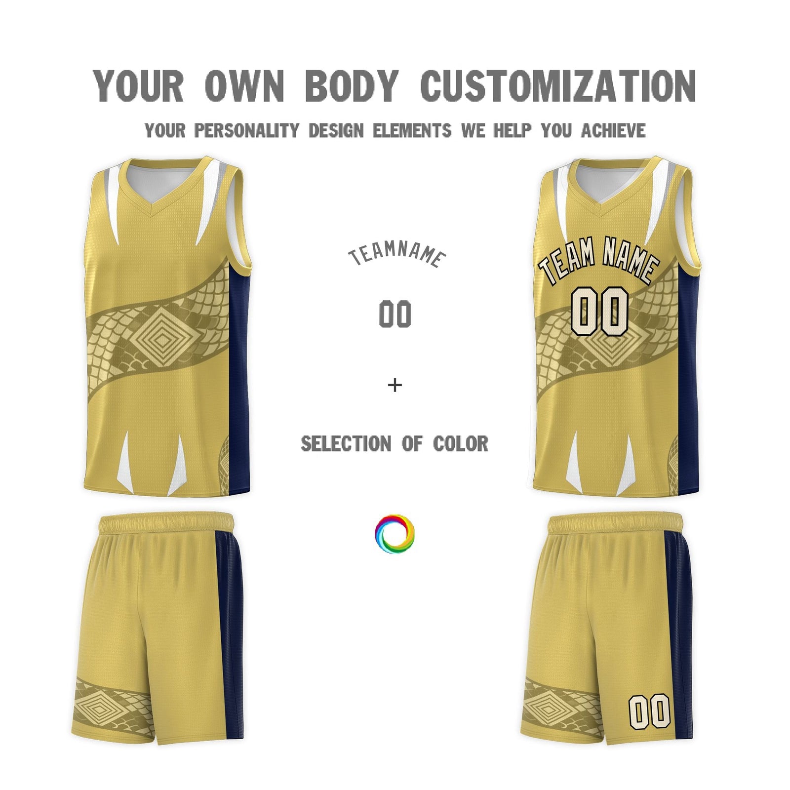 Custom Old Gold Navy Snake Scale Venomous Fang Drapable Graffiti Pattern Basketball Suit Jersey
