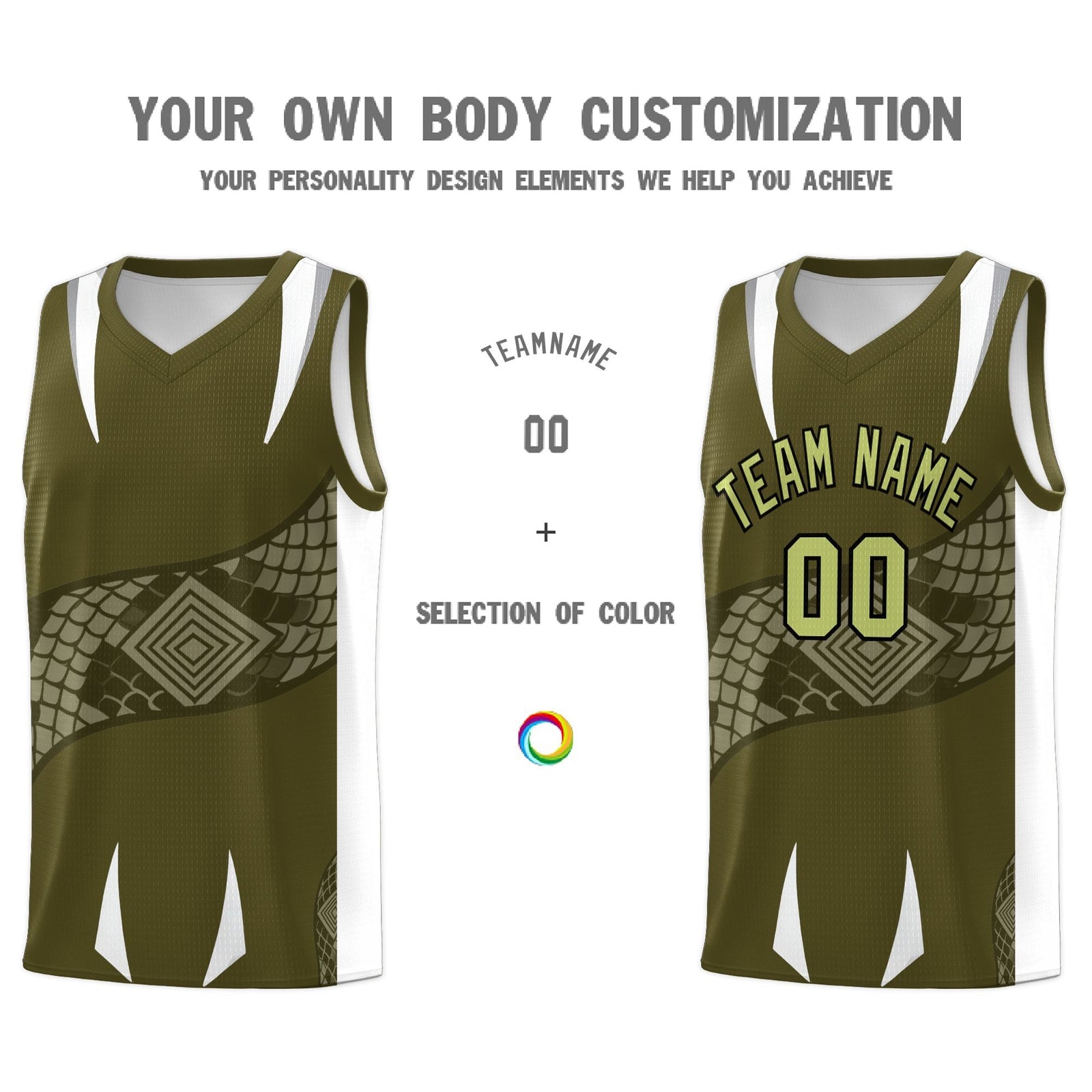 Custom Olive White Snake Scale Venomous Fang Breathable Graffiti Pattern Basketball Suit Jersey