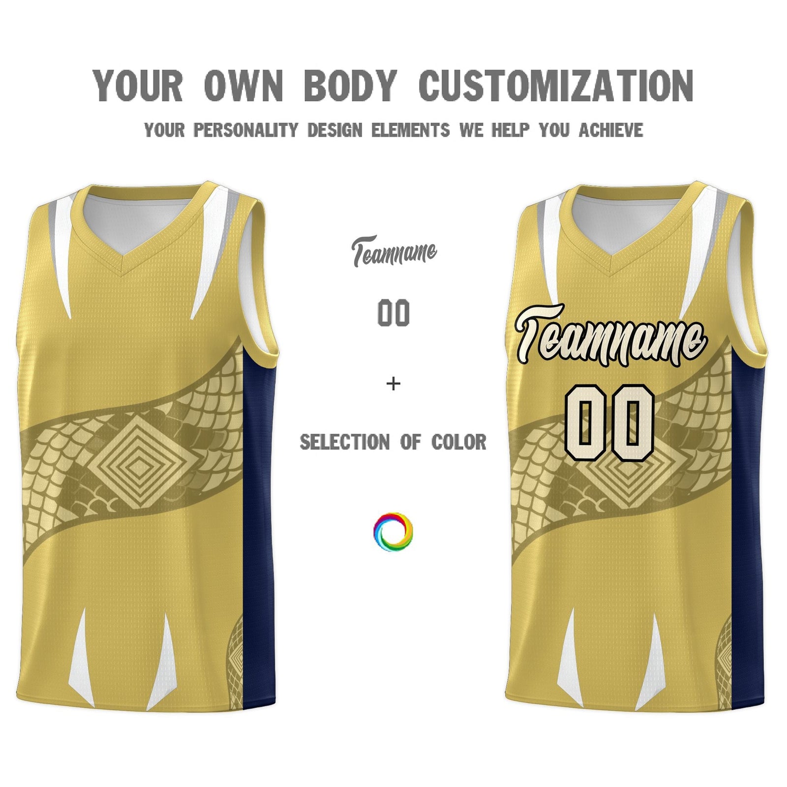 Custom Old Gold Navy Snake Scale Venomous Fang Drapable Graffiti Pattern Basketball Suit Jersey