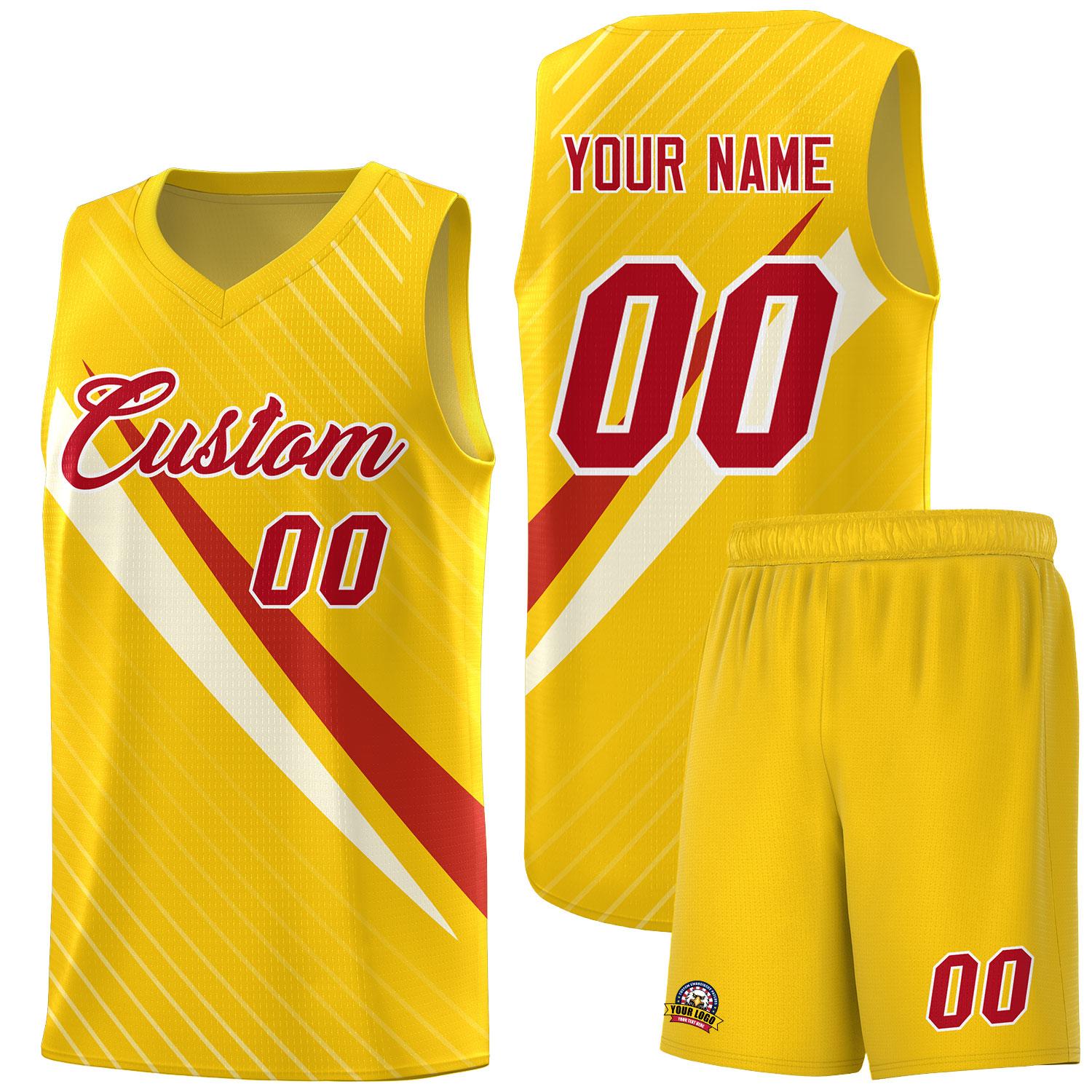 Custom Gold Diagonal Pinstripe Pattern Color Block Sports Uniform Basketball Jersey