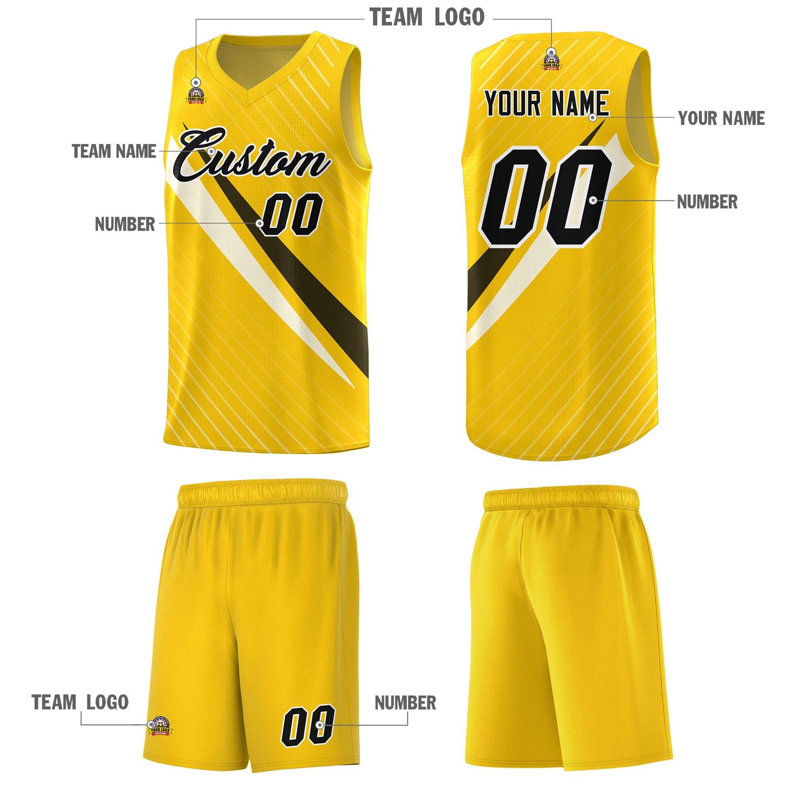 Custom Gold Diagonal Pinstripe Pattern Color Block Sports Uniform Basketball Jersey