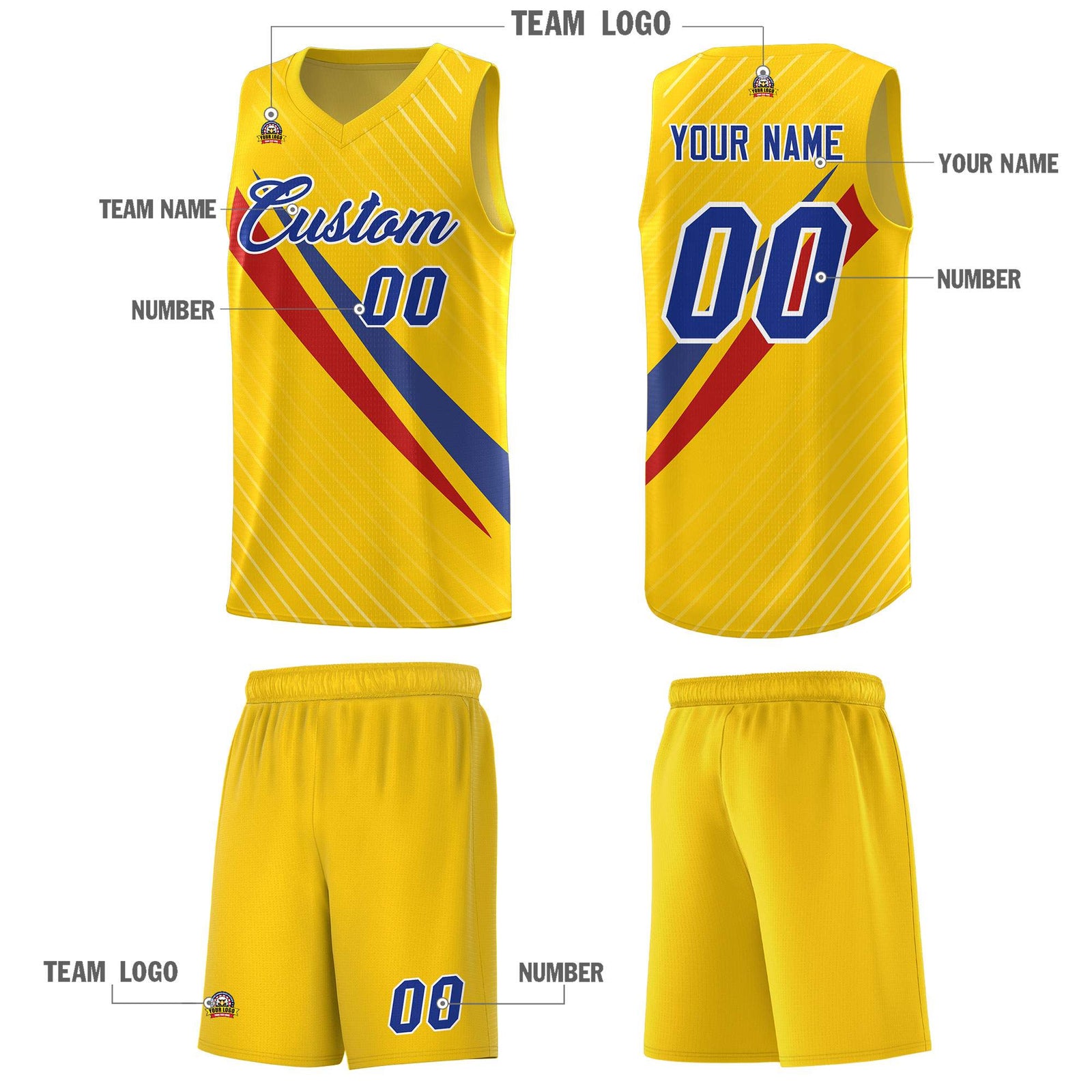 Custom Gold Diagonal Pinstripe Pattern Color Block Sports Uniform Basketball Jersey
