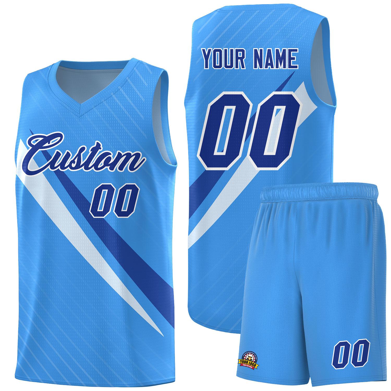 Custom Light Blue Diagonal Pinstripe Pattern Color Block Sports Uniform Basketball Jersey