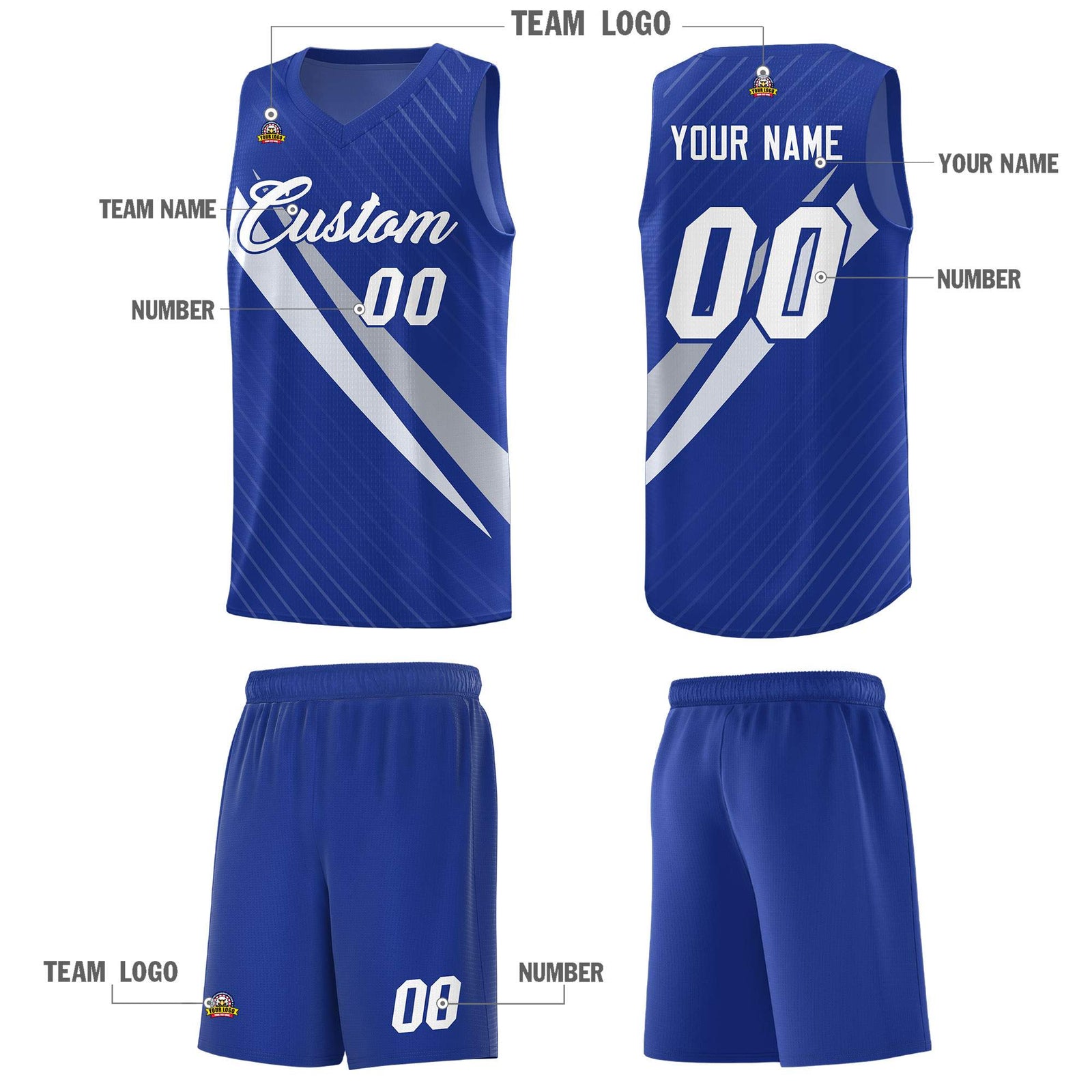 Custom Royal Diagonal Pinstripe Pattern Color Block Sports Uniform Basketball Jersey