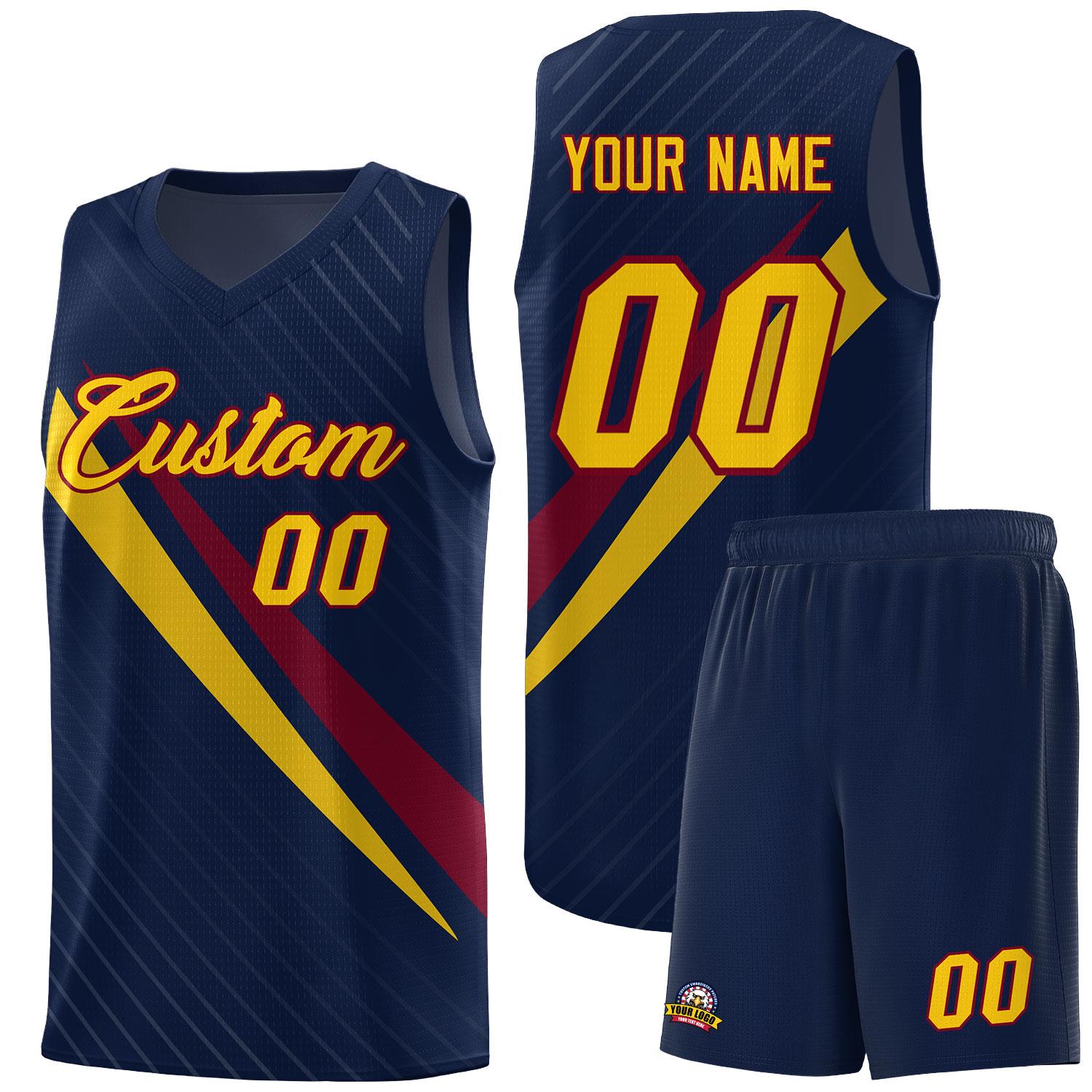 Custom Navy Diagonal Pinstripe Pattern Color Block Sports Uniform Basketball Jersey