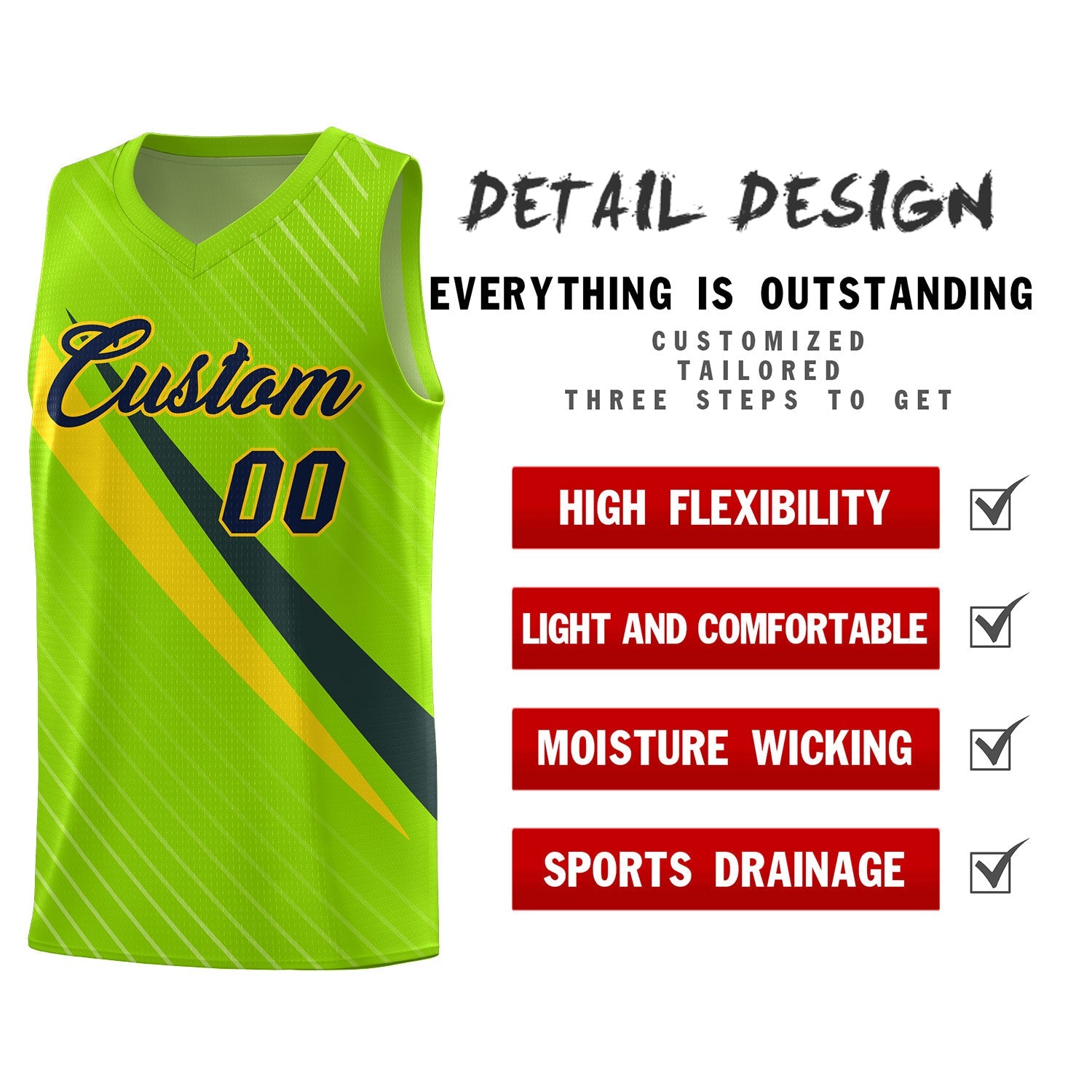 Custom Neon Green Diagonal Pinstripe Pattern Color Block Sports Uniform Basketball Jersey