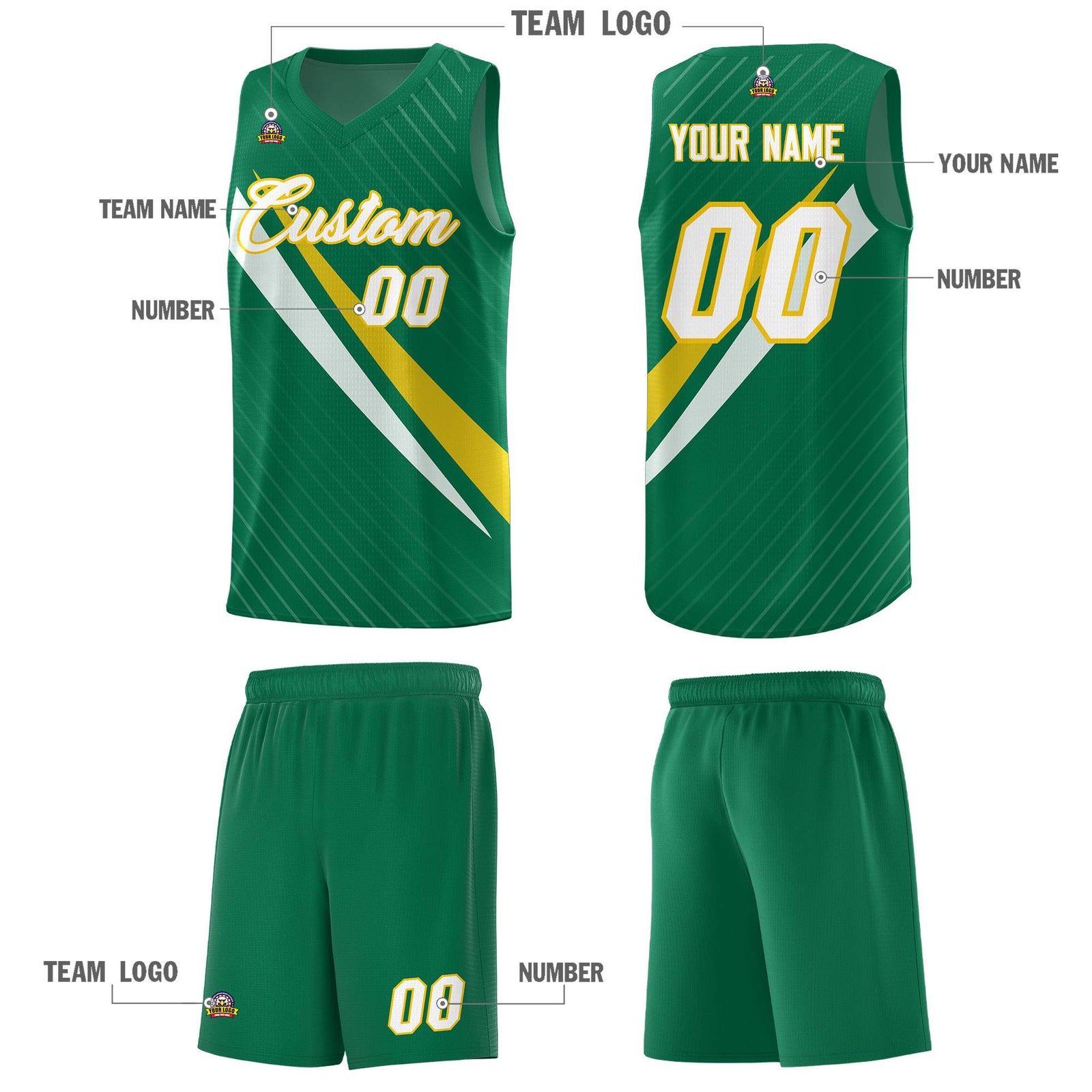 Custom Kelly Green Diagonal Pinstripe Pattern Color Block Sports Uniform Basketball Jersey