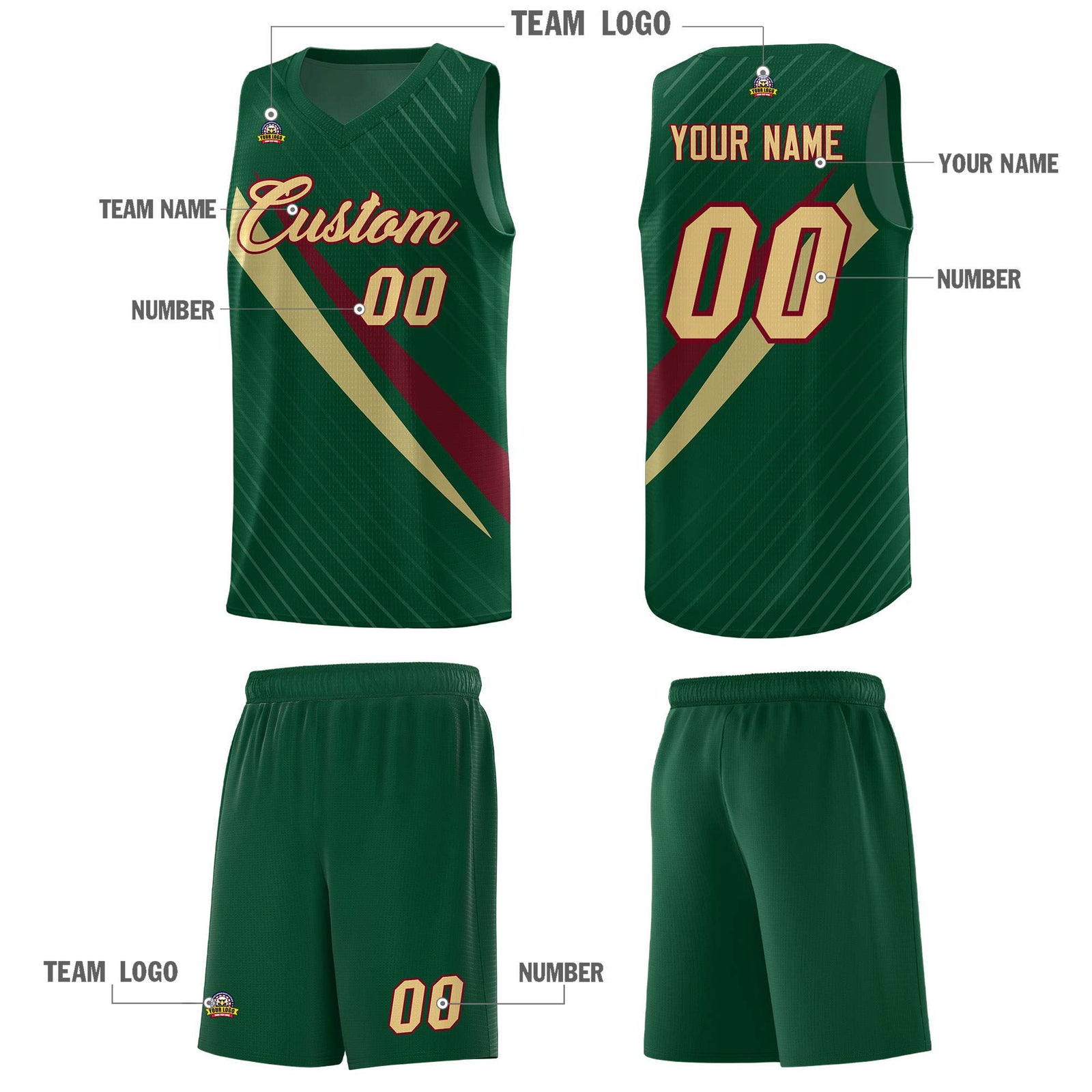 Custom Hunter Green Diagonal Pinstripe Pattern Color Block Sports Uniform Basketball Jersey