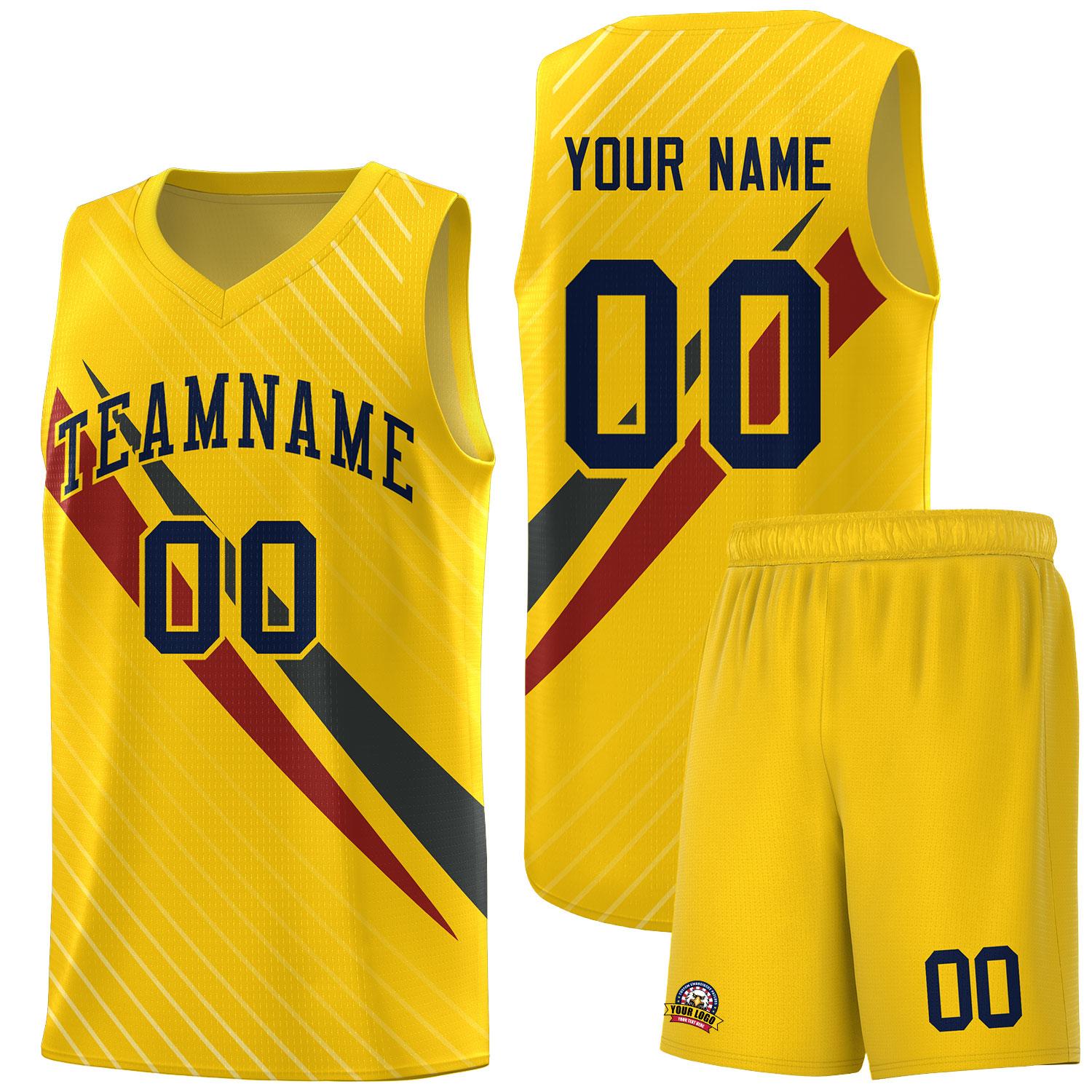 Custom Gold Diagonal Pinstripe Pattern Color Block Sports Uniform Basketball Jersey