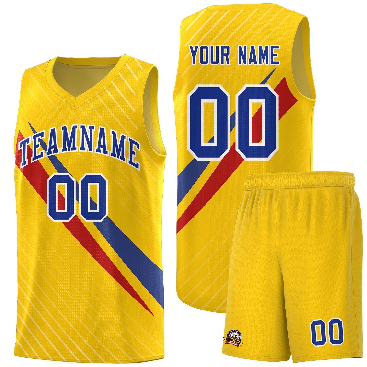 Custom Gold Diagonal Pinstripe Pattern Color Block Sports Uniform Basketball Jersey